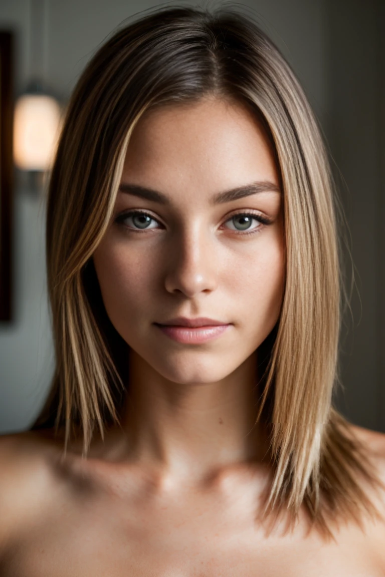 RAW UHD portrait of a young, beautiful, and extremely sexy 20-year-old blonde teen girl with natural straight blonde hair and brown eyes, standing in a dimly lit bathroom nude. pouting her lips seductively. The image is highly detailed with textures, brightness, and color, emphasizing the woman's natural beauty and the subtle imperfections of her skin. The bathroom is softly lit with warm tones and bokeh effects, creating an intimate atmosphere. The woman is looking at the camera smiling, the shot taken with a Fujifilm XT3, ensuring ultra quality, sharp focus, and crystal clear detail. Full body young seductive face pouting lips skinny and sexy body