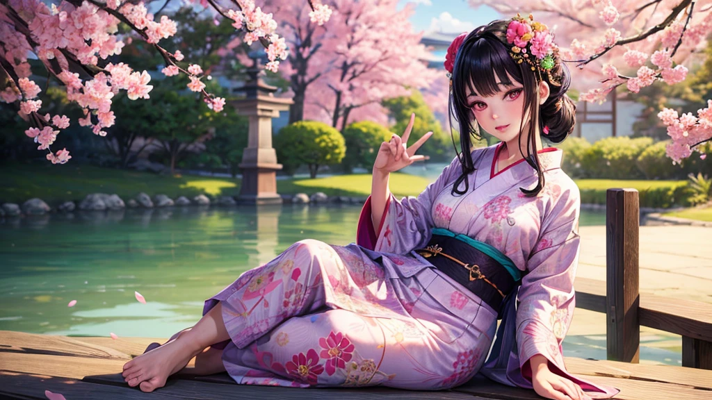 a beautiful detailed girl in a colorful naked yukata, black hair, detailed face, detailed eyes, detailed lips, delicate facial features, elegant pose, detailed hand and fingers, full body, intricate yukata print and patterns, detailed folds and textures, vibrant colors, natural soft lighting, 8k, masterpiece, sitting under sakura tree midnight
