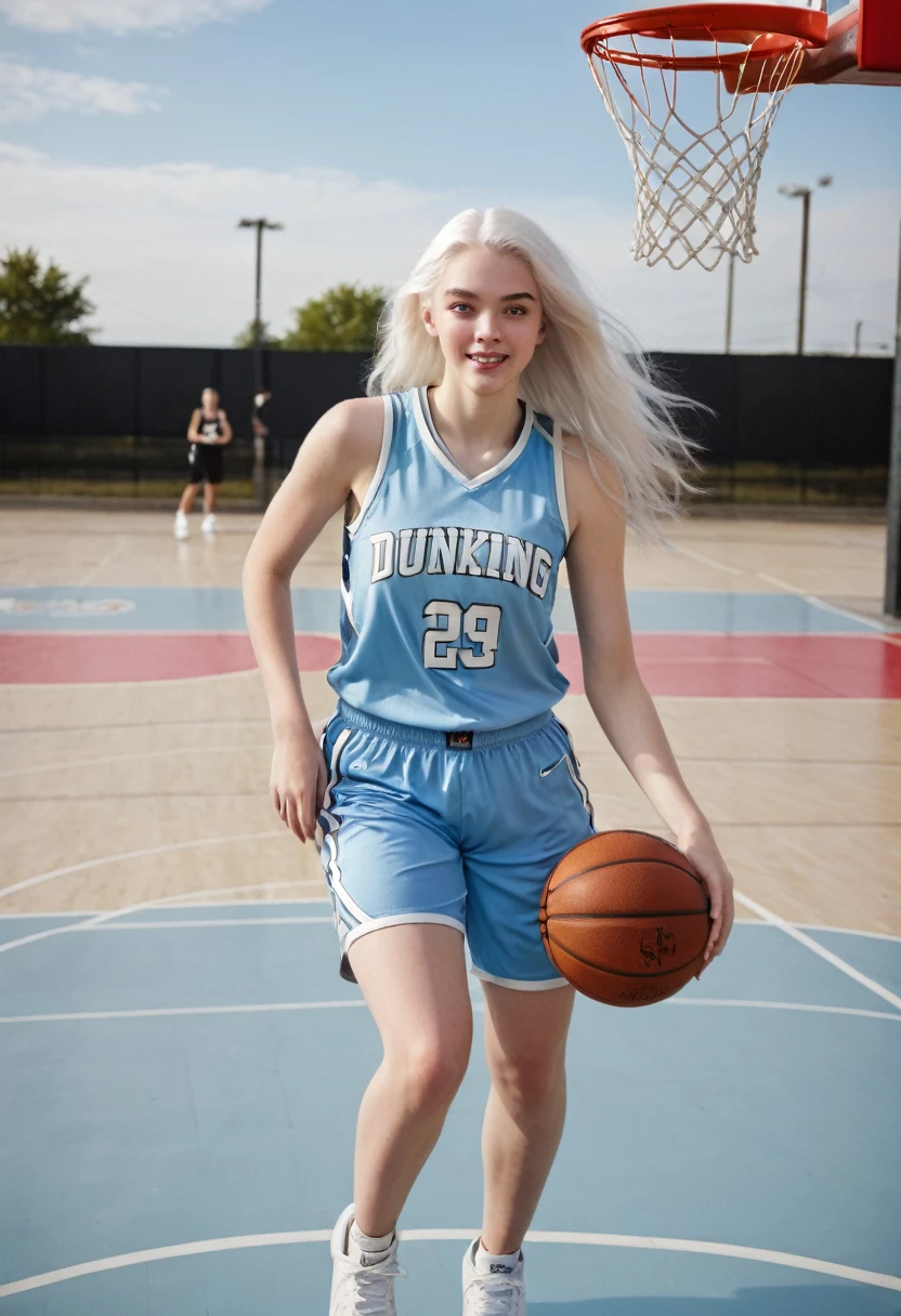 woman with white hair and light blue eyes with white skin dunking in basketball