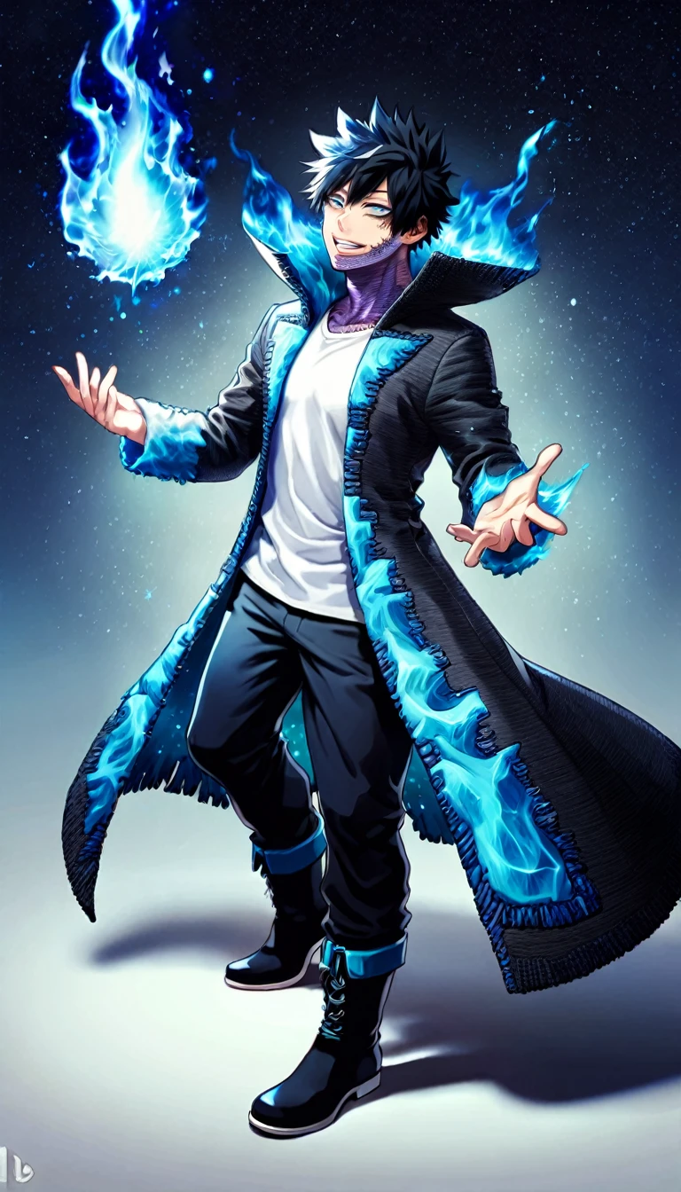 absurdres, highres, ultra detailed, HDR, master piece, best quality, extremely detailed face, delicated features, Dabi, black hair, expressive turquoise eyes, Boku No Hero Academia, sexy man, solo, handsome, smiling, black coat with high collar, white T-shirt, black pants, black boots, full body, fantasy, magical, blue fire, starry sky, blue lights, water, blue flames background, blue background