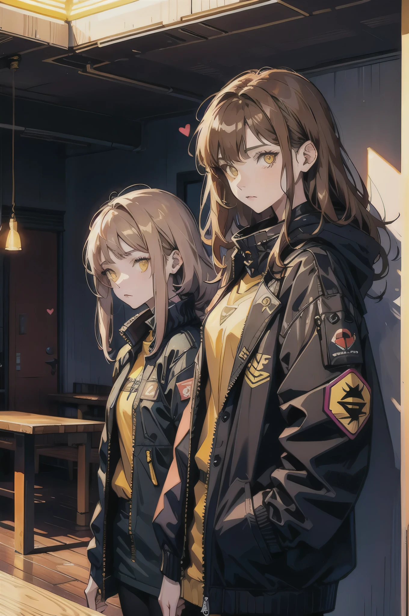 mature female, expressionless, bar, leaning against wall, interior, wooden interior, 2girls, brown hair, shoulder-length hair, yellow eyes, respirator, (black jacket:1.2), (glowing heart:1.2)