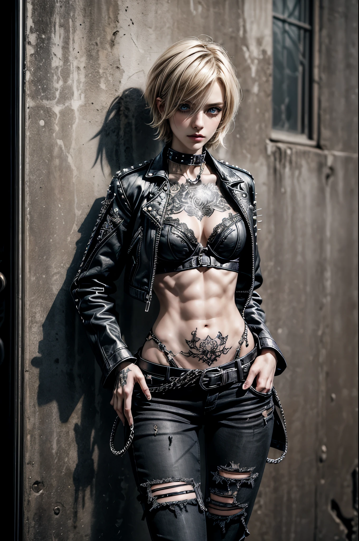 (Detailed illustrations, Very detailed and detailed drawing, Delicate lines with slow and rapid, Realistic texture expression), One woman with very short blond hair with black tips, ((blond hair)), ( emo hairstyle, ), goth, punk, pale white skin, evil smirk, (cold morning outside in the streets background), dark lighting, cold atmosphere, lore_Emma , blue eyes , dark eyeliner, (ultra dark glossy black lipstick), bored expression, gorgeous face , super cute, 18 years old , hyper detailed face, (super skinny figure , medium breast, thin waist), ((leaning back against wall with both arms close to body and hands in pocket)), (slight forward head tilt), slim legs, slim hips, LowriseXL, (ultra low rise ripped and waxed long jeans with rivets and chains and shiny reflective pattern), (short sleeved worn and dirty leather jacket), (white colored lace bra), black choker, bare midriff, vulva tattoo, (white lotus flower in hair), ((flower pattern tattoo)), fingerless leather gloves, (black nail polish), faded tattoo's, ((thigh belt)), ((hip chains)), ((belt hanging on hip)), ((three studded belts)), (visible strong abs), ((small navel piercing))