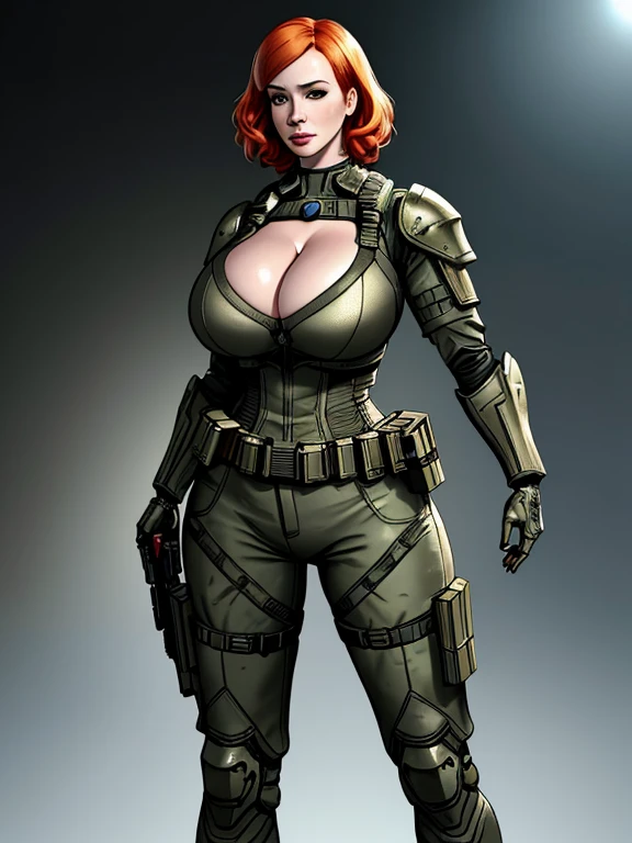 Imagine Christina Hendricks as an Call of Duty character, Christina Hendricks as a video game character, Call of Duty, Christina Hendricks in a First-Person shooter video game, created in Craig Mullins style. High-quality facial research of Christina Hendricks, (Christina's sculpted cheekbones and slight wrinkles around the face), 48 years old, High-quality detailed research of Christina Hendricks voluptuous figure. Body armor, armored suit, cleavage, high-tech goggles, metallic utility belt, metal arm bands, gun holsters, fingerless gloves. Glamorous, confident expression, fierce and powerful stance. (Full Body shot), (realistic photo, best quality, detailed), (8k wallpaper), (cinematic lighting, dramatic lighting) (sharp focus, intricate)
