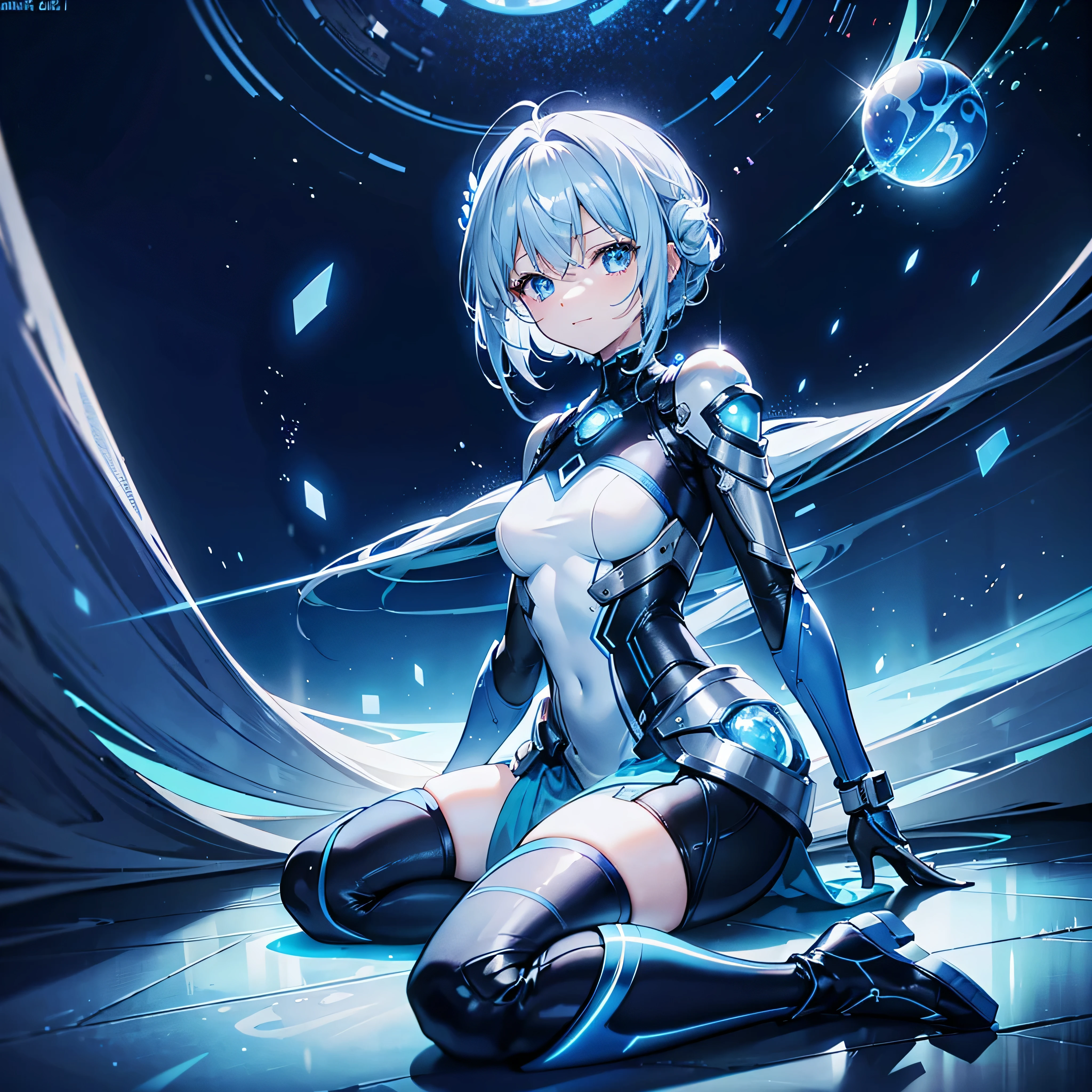 8K, Highest quality, (real:1.4), Original photo, 1 girl, Asari Hair, Biological Amplifier, Very sleek and futuristic armor, posture: Peace talks between warring factions,,attention arousal, smart blue eyes,A modest smile,Knee-high boots,Patent-look blue tights,Blue big moon and blue light swirl in the background,Blue light from behind,blue light magic,A small, glowing blue ball in the palm of your hand,Blue flame swirl,Blue Comet,Polished floor,