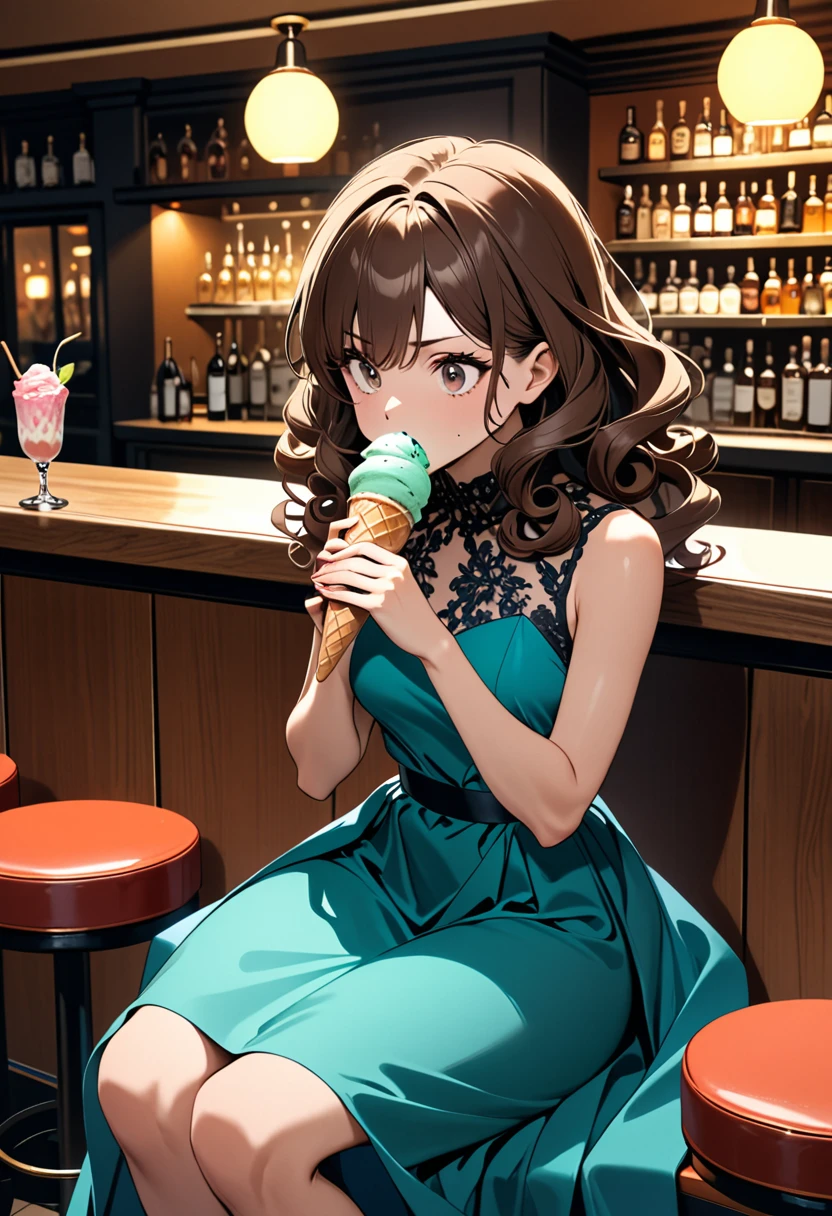 Italian girl with long curly brown hair, elegant dress sitting at a bar eating an ice cream, angular face