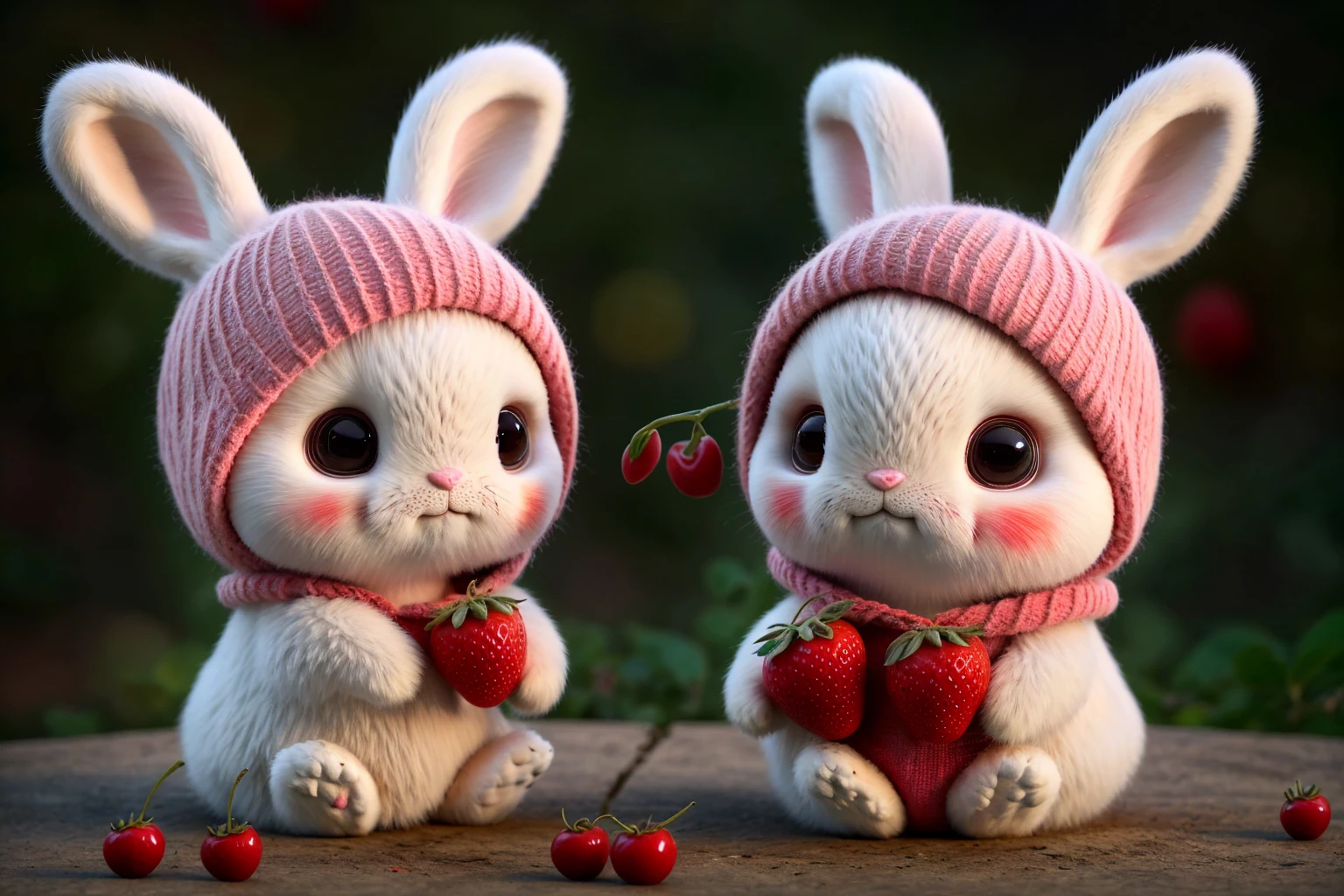 : 3. Rabbit, realistic, furry animal, an apple, black eye, blush, cherry, food, fruits, whole body, It has, inhuman, strawberry, tomato, water melon
