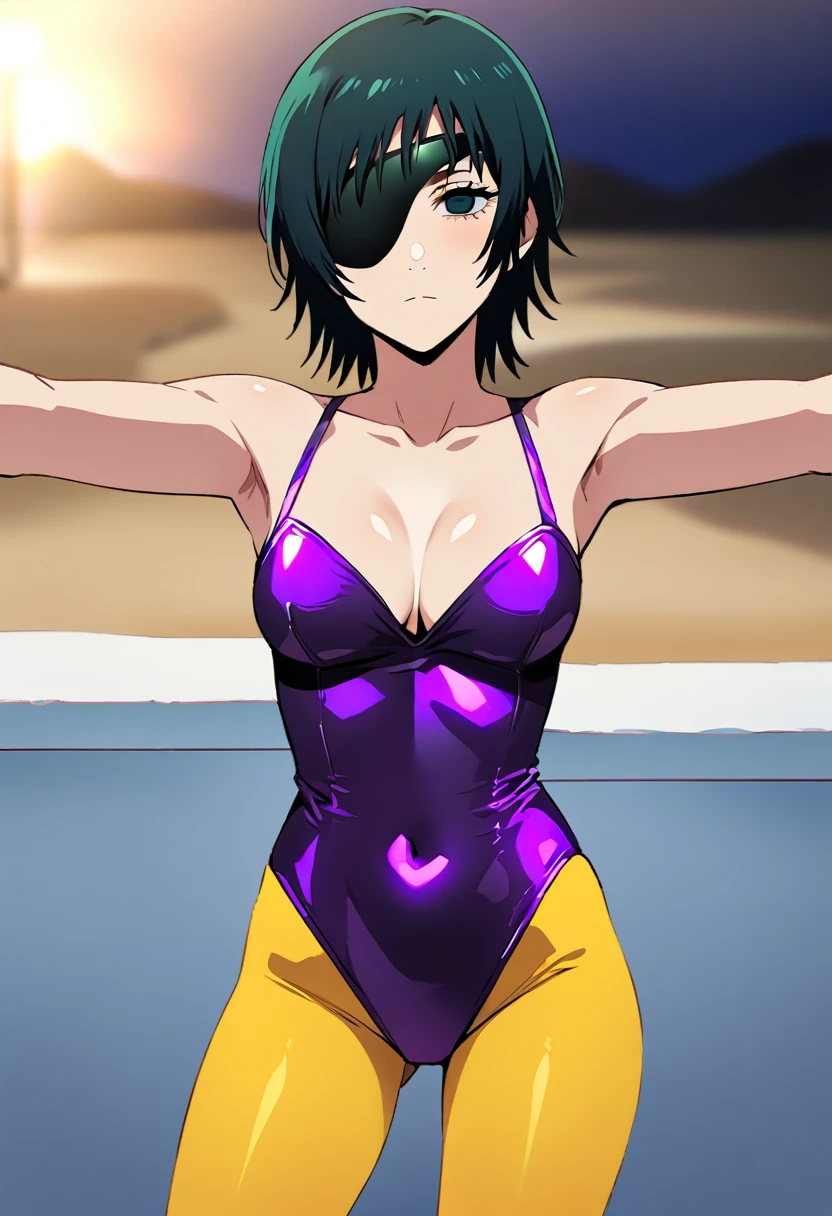 mature female, mature, Adult, himeno, himeno(Chainsaw Man), 1girl, black hair, short hair, eyepatch, Himeno(Chainsaw Man), solo, expressionless, empty eyes, Spread arms, Villains, latex purple leotard, Yellow pantyhose, chest, View your audience, Beach, Night, Dark, masterpiece, Top animation quality，Top image quality,