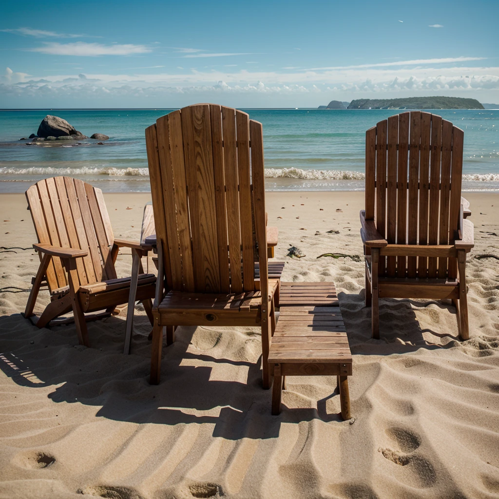 beach with wooden beach chairs, landscape only