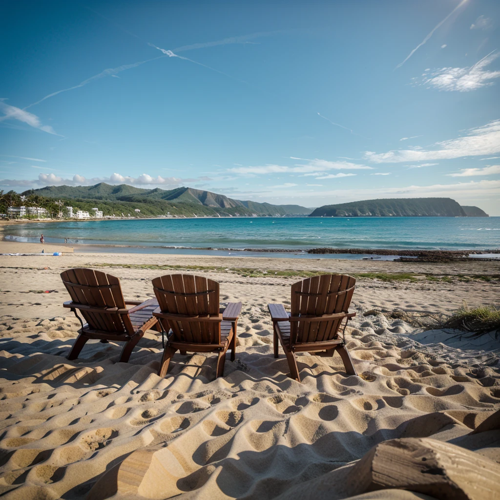 beach with wooden beach chairs, landscape only