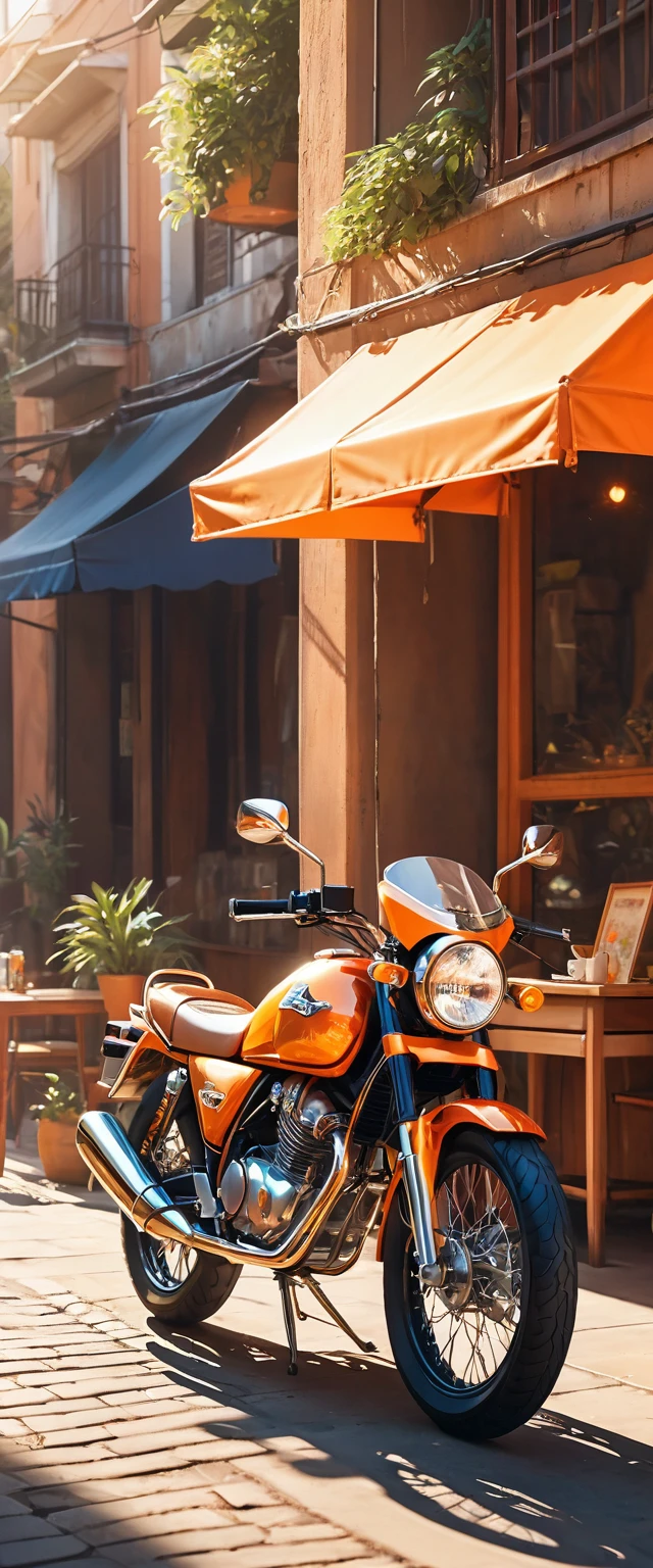 Very eye-catching off-road type handsome orange-colored motorcycle.Stop by the outdoor cafe.Surrounded by the dazzling afternoon sun, shadow and shade textures,The whole scene looks lazy and romantic, Effortlessly elegant aesthetics.。Cafe background.(masterpiece, best quality:1.2),art illustration,Abstract surreal colors,Clear and colorful.