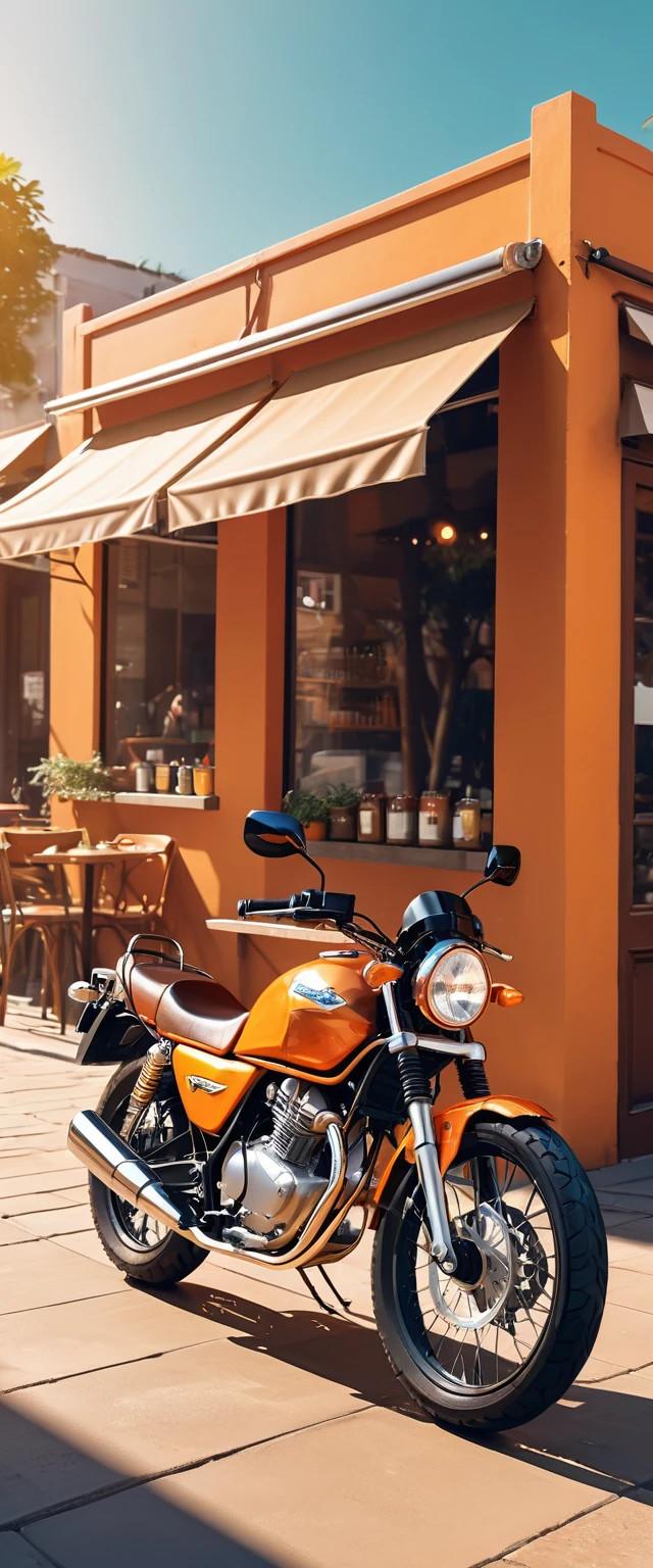 Very eye-catching off-road type handsome orange-colored motorcycle.Stop by the outdoor cafe.Surrounded by the dazzling afternoon sun, shadow and shade textures,The whole scene looks lazy and romantic, Effortlessly elegant aesthetics.。Cafe background.(masterpiece, best quality:1.2),art illustration,Abstract surreal colors,Clear and colorful.