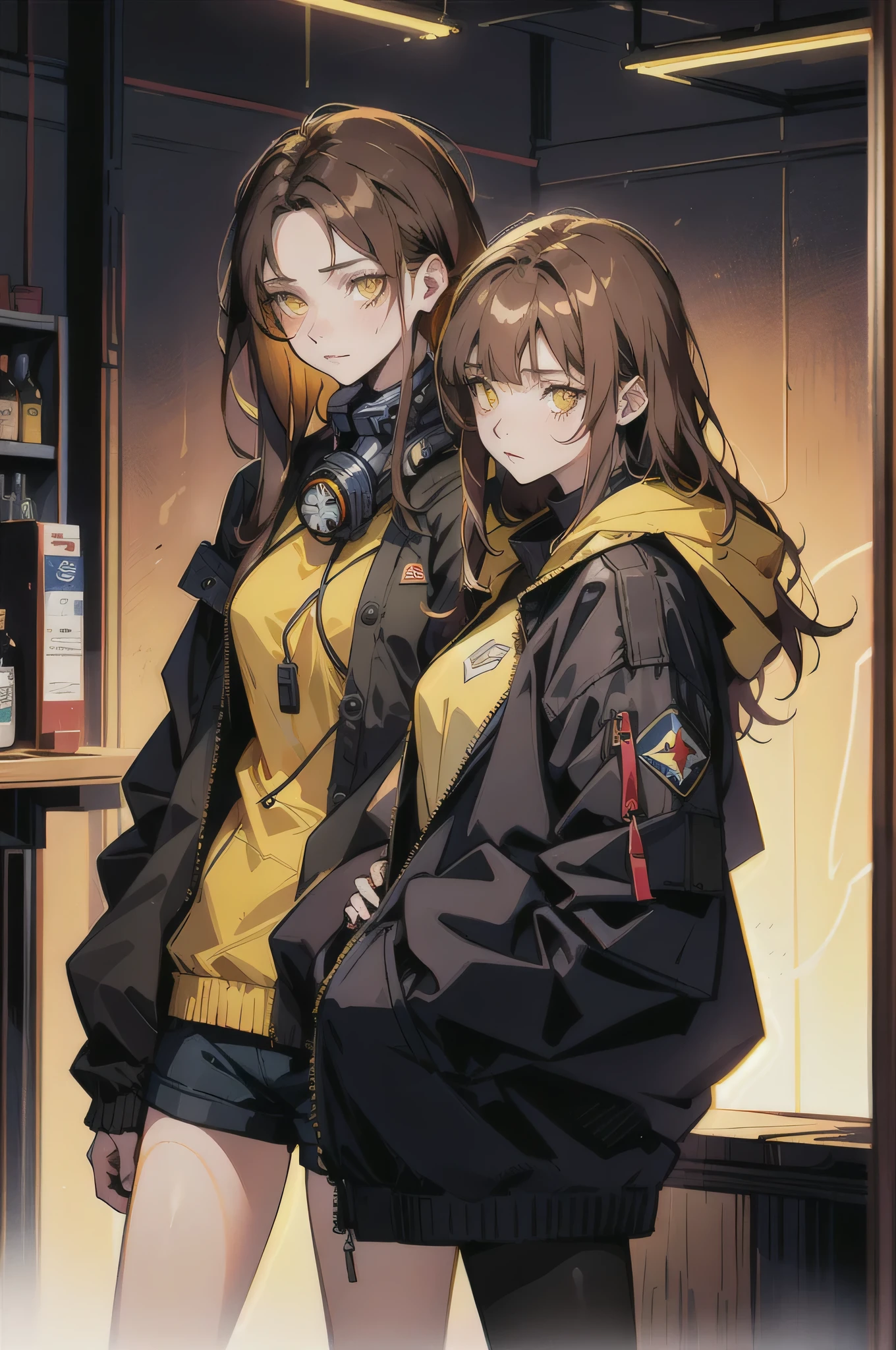 mature female, expressionless, bar, leaning against wall, interior, wooden interior, 2girls, brown hair, shoulder-length hair, yellow eyes, respirator, (black jacket:1.2), (glowing heart:1.2)