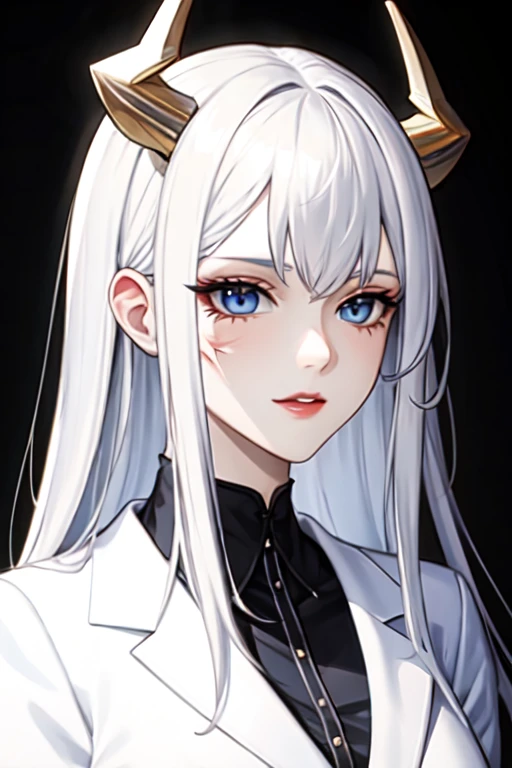 ((Best Quality)). 1 adult woman with pale hair, blue eyes, by white, dragon horns, wearing white elegant suit, with scars on the face