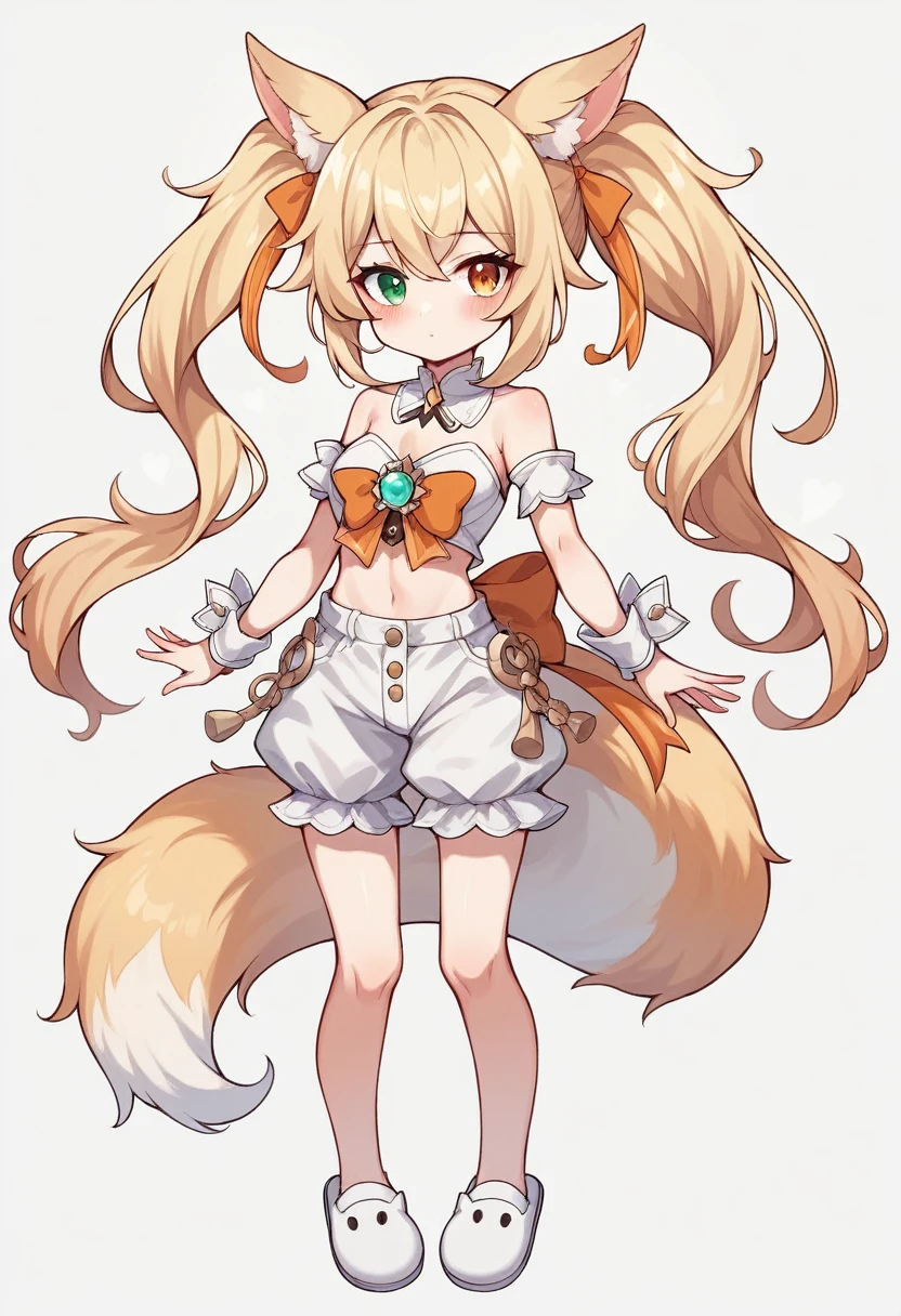 1girl, animal ears, bangs, bare shoulders, blonde hair, blush, bow, breasts, white cleavage, cropped torso, , green eyes, hair ribbon, heterochromia, stlooking at viewer, orange bow, orange eyes, orange ribbon, ears like an unearthly animal, fluffy tail, light tail, real tail, ribbon, solo, stuffed animal,twintails, upper body, full-length, white legbands, white shoes with lace and white bows, white background, wrist cuffs, yellow eyes, bloomers, close-up, fair skin frills, lace, midriff, skirt, solo, , white background,shorts, white top with ribbon and lace and trousers,trousers, genshin,white slippers with a bow,All clothes are white, laceAt full height, it stands, в полный рост,completely naked