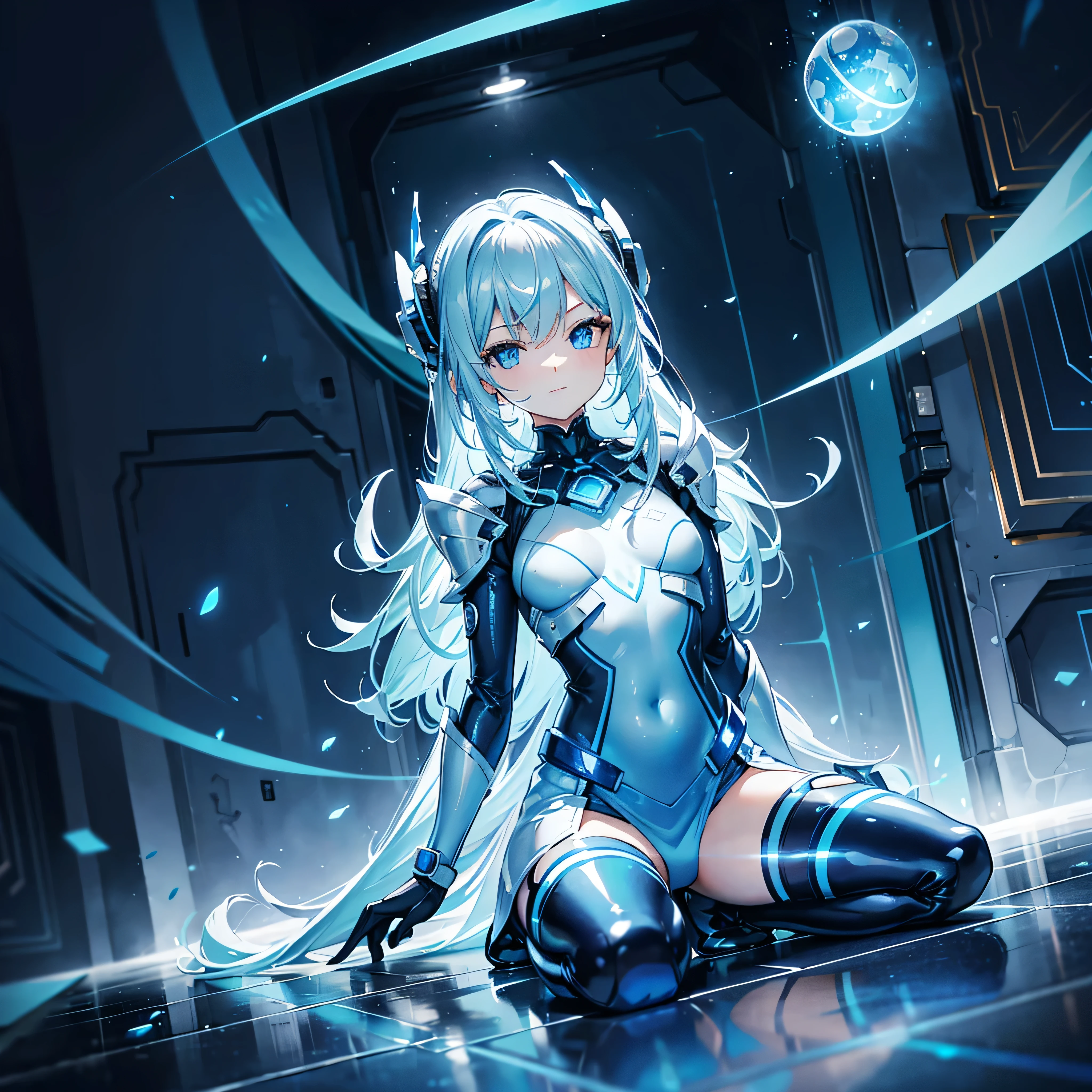 8K, Highest quality, (real:1.4), Original photo, 1 girl, Asari Hair, Biological Amplifier, Very sleek and futuristic armor, posture: Peace talks between warring factions,,attention arousal, smart blue eyes,A modest smile,Knee-high boots,Patent-look blue tights,Blue big moon and blue light swirl in the background,Blue light from behind,blue light magic,A small, glowing blue ball in the palm of your hand,Blue flame swirl,Blue Comet,Polished floor,