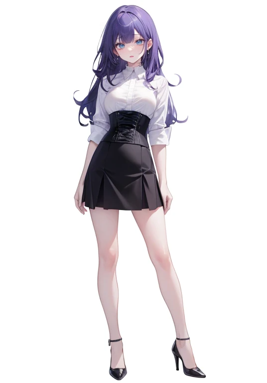 Purple Hair,long hair,1 female,White shirt,((Roll up your sleeves)),(corset),(((Tight Skirt))),High heels,,((Simple White background)),((Full Body)),((look at viewer)),((from front)),(Arms down)