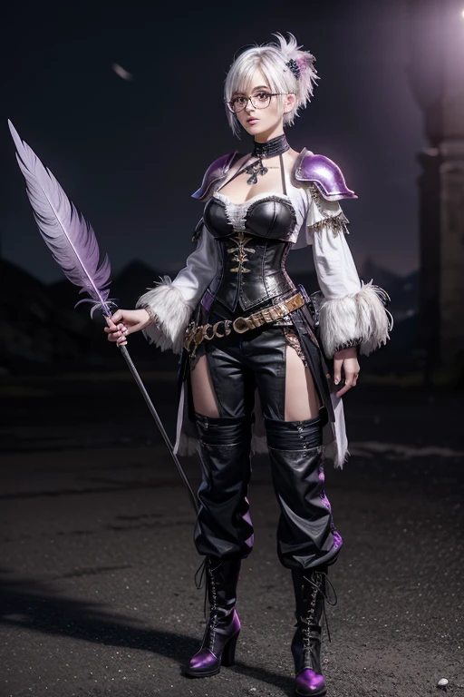Kizi, short white hair, glasses, purples eyes, black armour ,baggy pants ,cold blouse with dark pink feathers, medium breasts, hair ornament with feathers, boot medieval style rpg