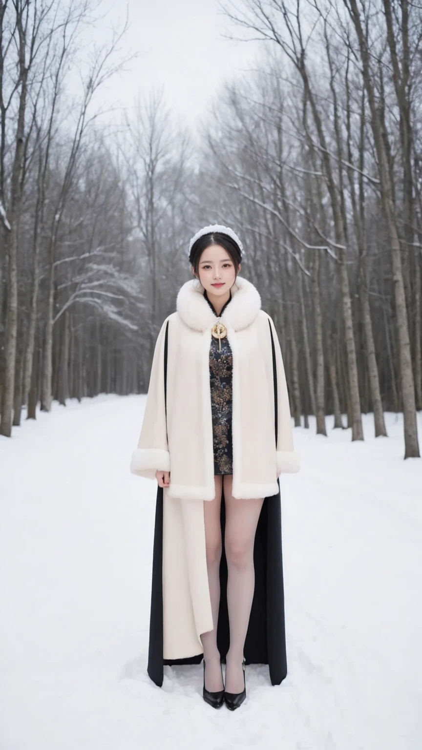 realistic,score_9, score_8_up, score_7_up, BREAK,
In this 16k winter masterpiece wallpaper, a breathtakingly beautiful girl stands alone in a snowy forest, exuding an enchanting beauty. The scene is set outdoors, capturing the essence of a serene winter wonderland. She is dressed in a vintage-style fur collar and an exquisitely embroidered cloak that subtly reveals her clavicle, adding a touch of elegance to her attire. Beneath the cloak, she wears a Maxi cheongsam, highlighting her slender legs and complemented by pantyhose and high heels. The snow-covered forest around her creates a picturesque backdrop, with the snow gently falling and the trees covered in a thick blanket of white. Her arms are gracefully behind her back, and she beams a warm, charming smile, radiating happiness and a timeless allure amidst the tranquil snowy landscape.
