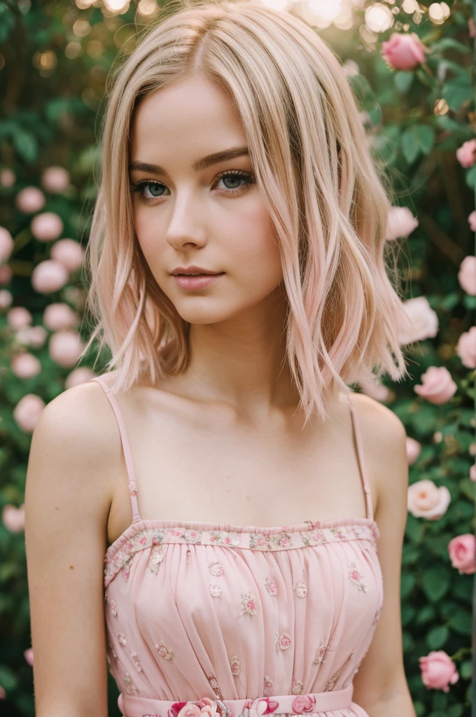 8k, RAW photo, Fujifilm, style photo of a beautiful young woman as avril in a garden of light pink roses (highly detailed skin: 1.2) Style-Petal BREAK short hair, blonde hair with colored locks, wearing a dress, film granulation, 35mm, cute style