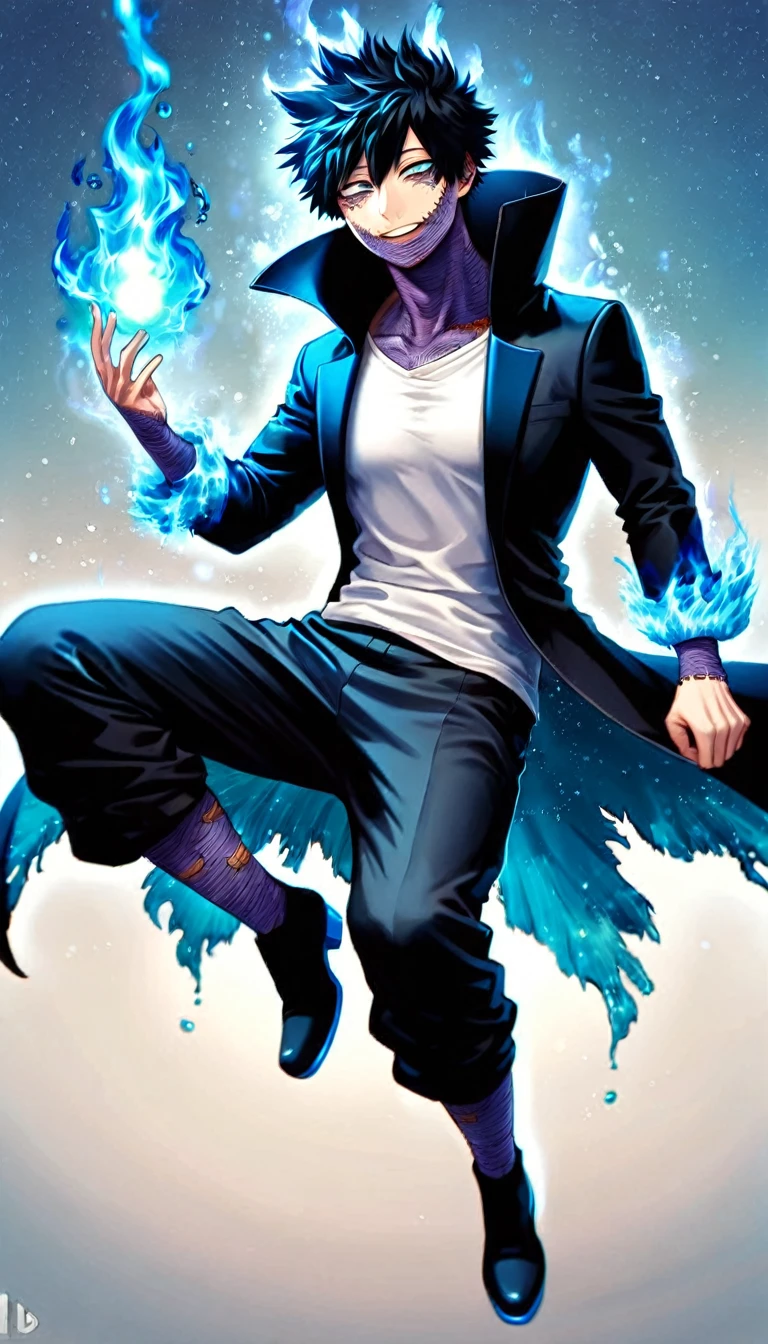 absurdres, highres, ultra detailed, HDR, master piece, best quality, extremely detailed face, delicated features, Dabi, black hair, expressive turquoise eyes, Boku No Hero Academia, sexy man, solo, handsome, smiling, black coat with high collar, white T-shirt, black pants, black boots, full body, fantasy, magical, blue fire, starry sky, blue lights, water under his feet , blue flames background, blue background