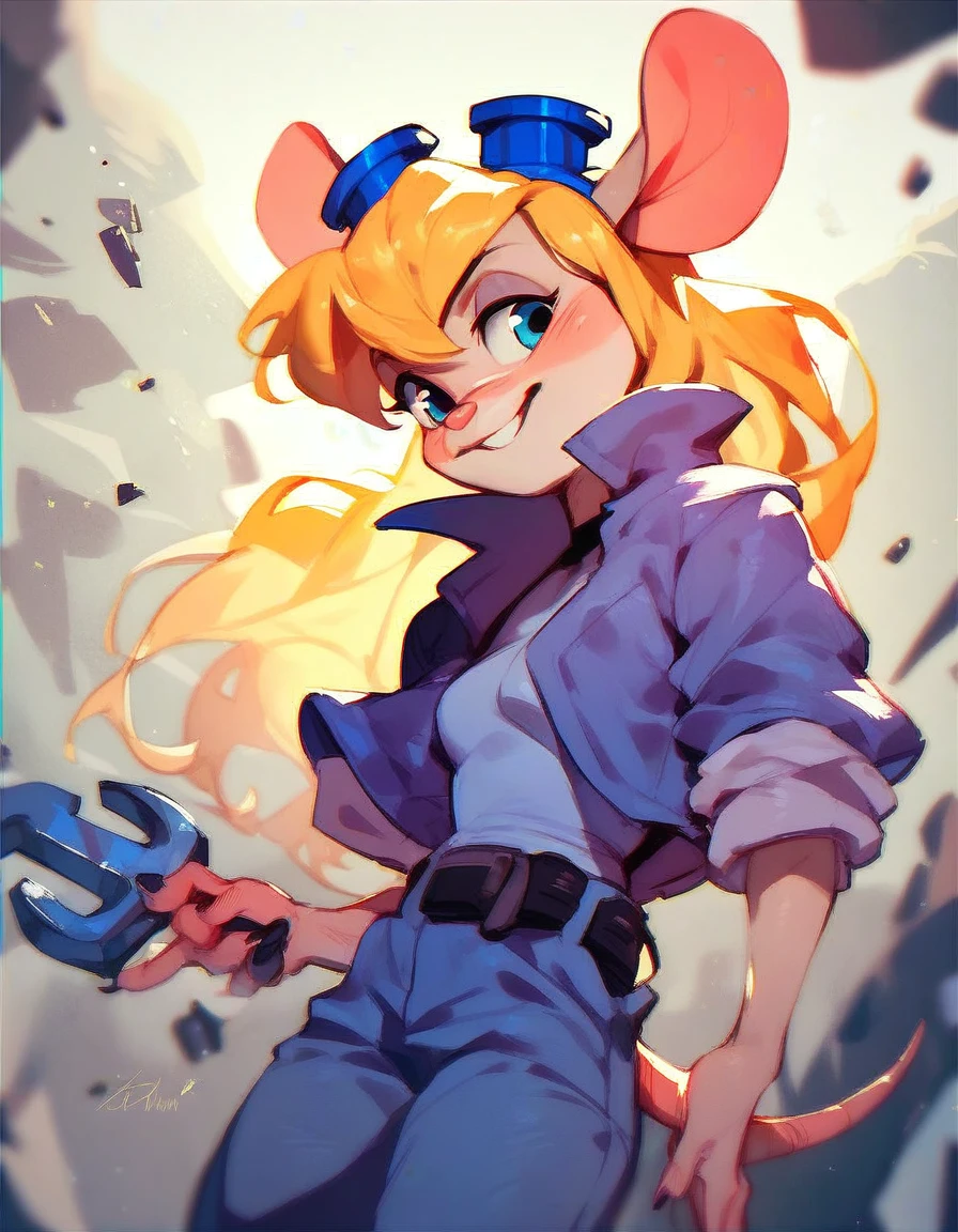 score_9, score_8_up, score_7_up, BREAK 1girl, solo, tootsie, purple eyes, animal ears, mouse girl, mouse tail, grey fur, blonde hair, long hair, ponytail, medium breasts, indoors, factory, warehouse,
looking at viewer, looking back, rear view, side view, smile, buck teeth, open mouth, holding wrench, big wrench, carrying over shoulder, one leg up, knee up,
white tank top, crop top, green gloves, orange pants, clothing around waist, earrings, green sneakers,