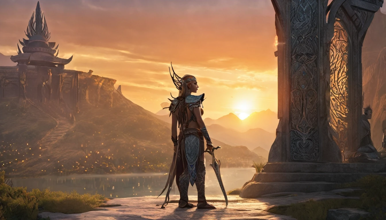 As the sun sets over the ancient elven city, a legendary warrior, with intricate tattoos covering their body, stands guard at the entrance, ready to defend their people against any threat, perfect face, perfect body
