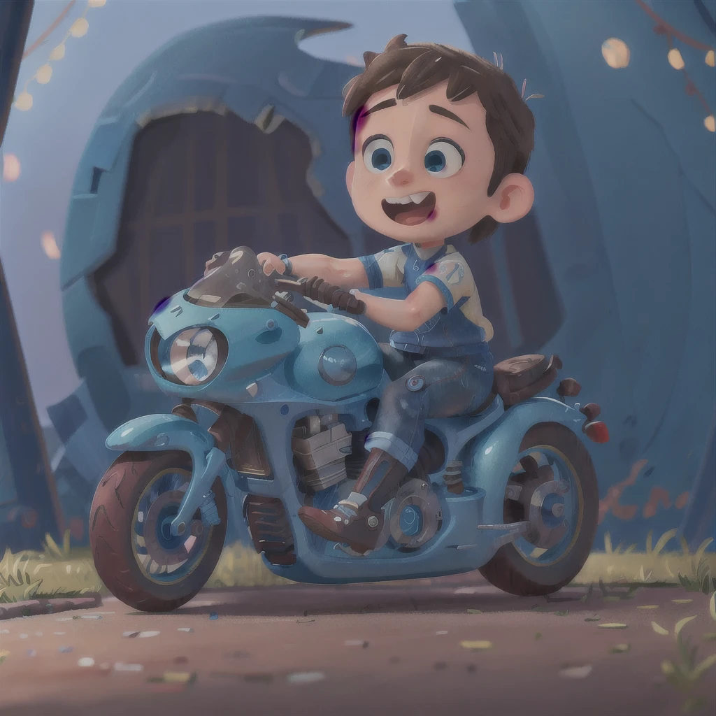 A boy, blue motorcycle, white helmet, road, black clothes, (masterpiece: 1.2) (realistic: 1.2) (bokeh) (best quality) (detailed skin: 1.3) (intricate details) (8K) (detail eyes) (sharp focus),