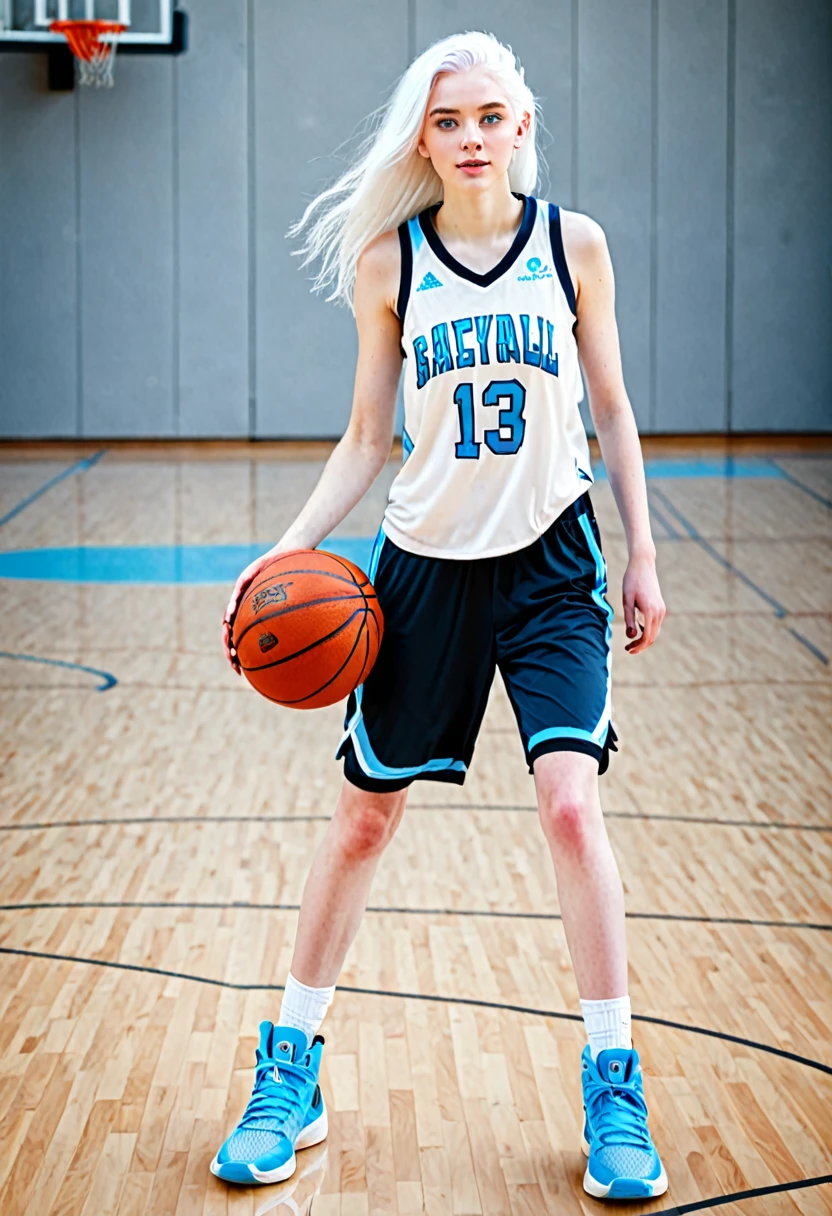 age woman with white hair, light blue eyes and beautiful white skin playing basketball full body 