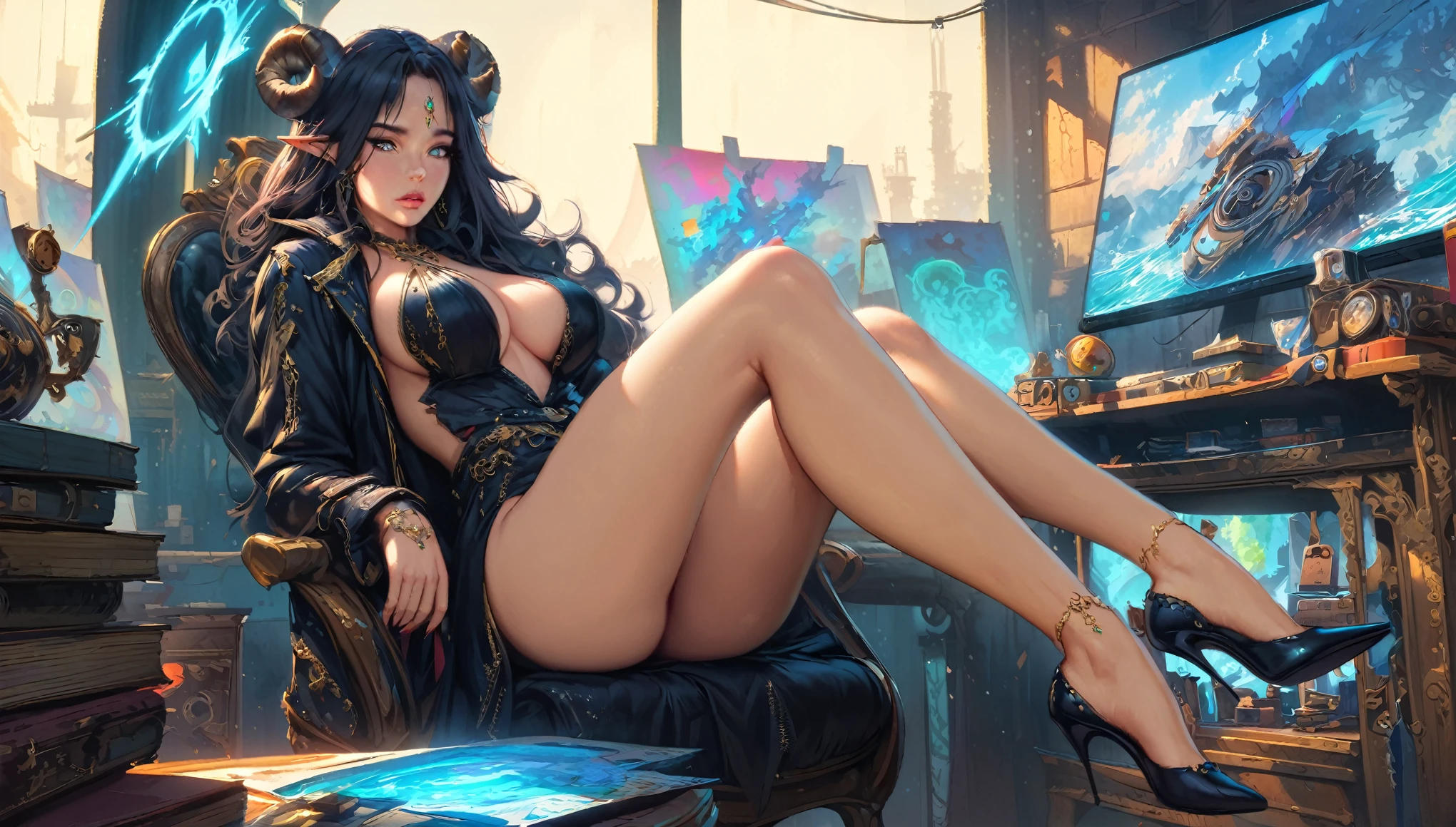 best quality,4k,8k,highres,masterpiece:1.2),ultra-detailed, extremely detailed eyes, extremely detailed body, (large masterpiece digital art), (detailed manga illustration), (detailed line art), ((perfect anatomy)), (intricate details:1.3), (ultra-detailed:1.3), (illustration:1.3), (sharp focus:1.3), (natural lighting:1.05), (vivid colors:1.3), (masterpiece), (best quality:1.4), (perfect anatomy:1.4), high quality, expressive eyes, full body, detailed face, beautiful face, perfect face, 1 girl, large breasts, very long hair, black hair, curly hair, wild hair, detailed hair, white dress shirt, black pants, pale skin, sapphire-blue eyes, demon, blue halo, sheep horns, curled horns, (horizontal pupils), sexy face, pointy ears, splash art, the demon girl, curvy, sitting in an office chair at a desk with feet on desk, black high heels, cinematic lighting, dramatic atmosphere, Atey Ghailan, Jeremy Mann, Greg Manchess, Antonio Moro, trend in ArtStation, trend in CGSociety, Intricate, High Detail, Sharp focus, dramatic and photorealistic painting art by Midjourney and Greg Rutkowski, Jeff Bridges, ((cartoon style)), Marvel Cinematic Universe style