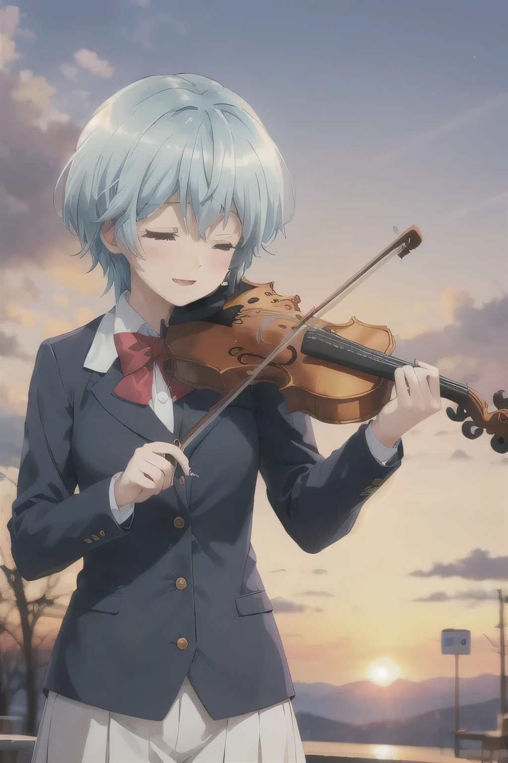 School_,Sunset,violin,Blue Hair,Playing the violin with eyes closed