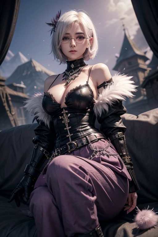 Kizi, short white hair, glasses, purples eyes, black armour ,baggy pants ,cold blouse with dark pink feathers, medium breasts, hair ornament with feathers, boot medieval style rpg sharp face, pretty 