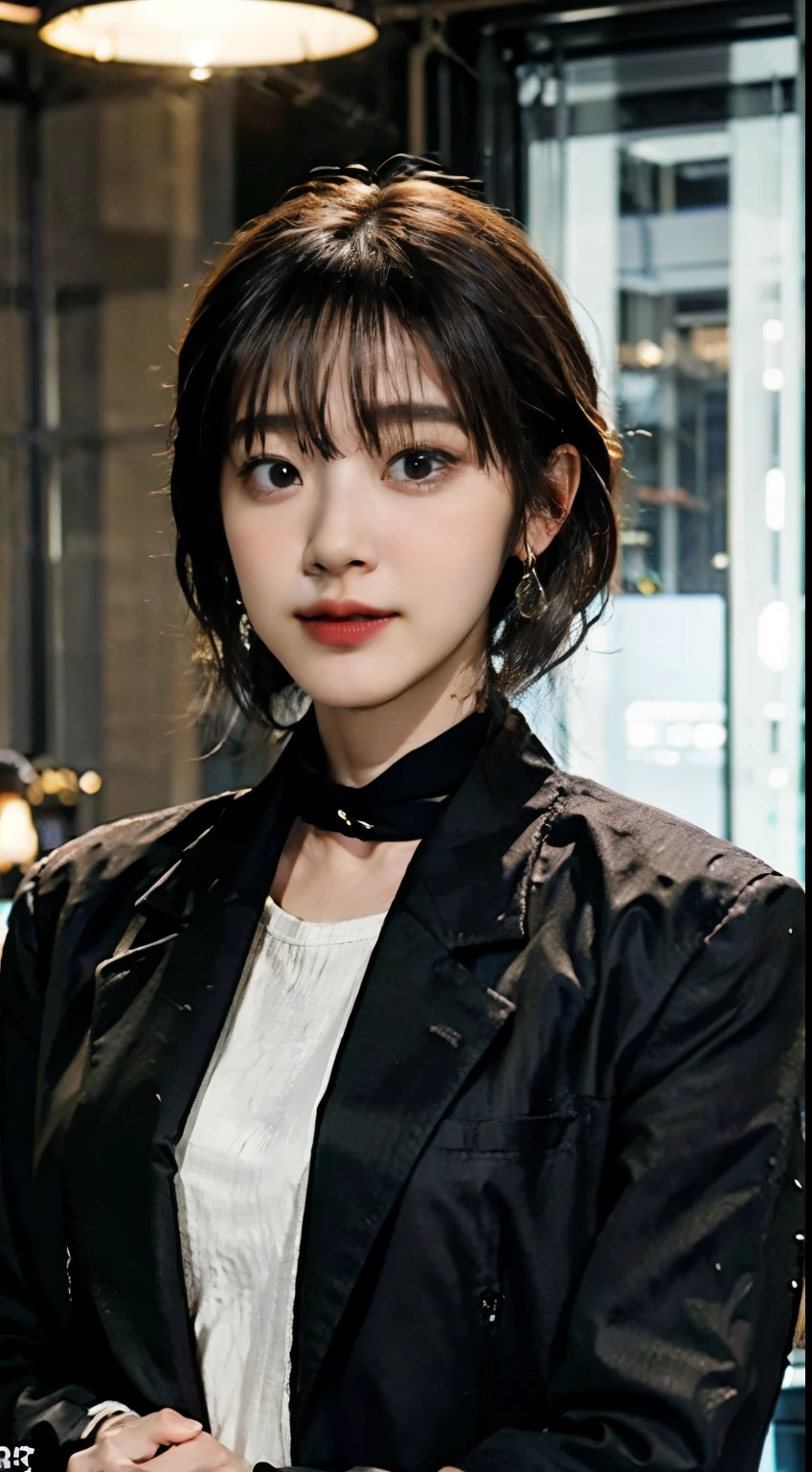 (8K, RAW photos, best quality, masterpiece:1.2), (Practical, photo-Practical:1.37),(Korean Idol), (Egiosar:1),Lovely,Professional lighting, Photon Mapping, Radiosity, Physically Based Rendering, role play, Lucy \(Cyberpunk\),Bob Cut,Mechanical Parts,Gray eyes, Black skinny suit,Cyberpunk city, Black pants,night,Neon,Sexy,smokes, Looking at the audience,, 8K high resolution, 8K, Wallpaper HD full screen, Practical, Clear background, Medium breasts, whole body