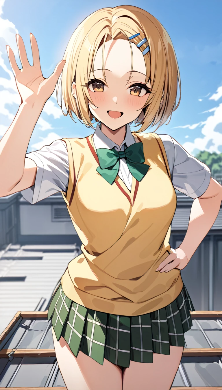 masterpiece, best quality, highres, aaharuna, short hair, hairclip, forehead, , masterpiece, best quality, highres, 1girl, solo, blonde medium hair, brown eyes, , green bowtie, blazer, yellow jacket, long sleeves, plaid skirt, green skirt, standing, put hands on hip,cowboy shot,on roof top, smile,green bowtie, white shirt, sweater vest, yellow vest, short sleeves, plaid skirt, green skirt, pleated skirt, standing, cowboy shot, outdoors, waving, smile, open mouth,