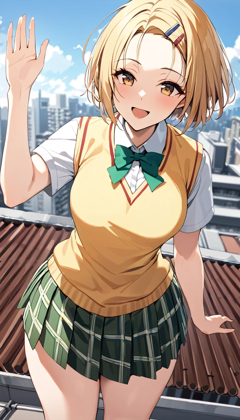 masterpiece, best quality, highres, aaharuna, short hair, hairclip, forehead, , masterpiece, best quality, highres, 1girl, solo, blonde medium hair, brown eyes, , green bowtie, blazer, yellow jacket, long sleeves, plaid skirt, green skirt, standing, put hands on hip,cowboy shot,on roof top, smile,green bowtie, white shirt, sweater vest, yellow vest, short sleeves, plaid skirt, green skirt, pleated skirt, standing, cowboy shot, outdoors, waving, smile, open mouth,