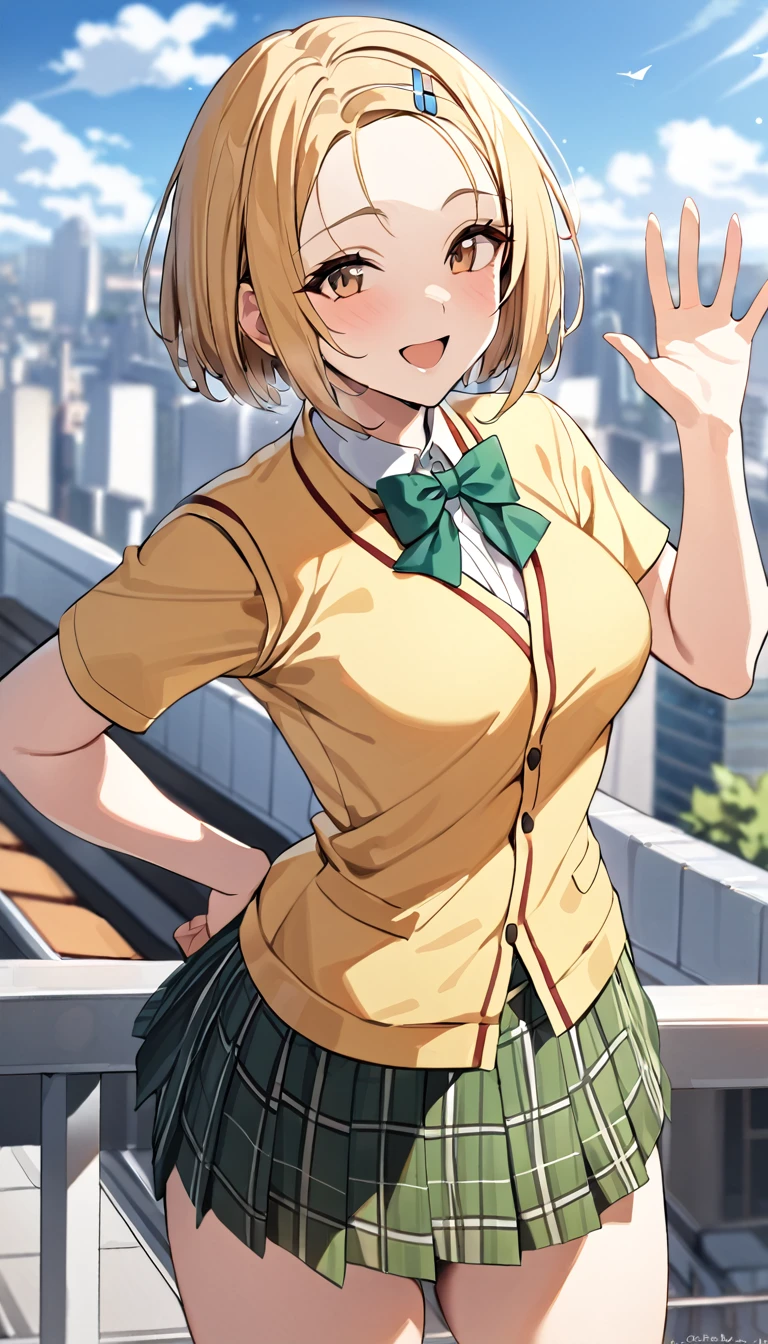 masterpiece, best quality, highres, aaharuna, short hair, hairclip, forehead, , masterpiece, best quality, highres, 1girl, solo, blonde medium hair, brown eyes, , green bowtie, blazer, yellow jacket, long sleeves, plaid skirt, green skirt, standing, put hands on hip,cowboy shot,on roof top, smile,green bowtie, white shirt, sweater vest, yellow vest, short sleeves, plaid skirt, green skirt, pleated skirt, standing, cowboy shot, outdoors, waving, smile, open mouth,