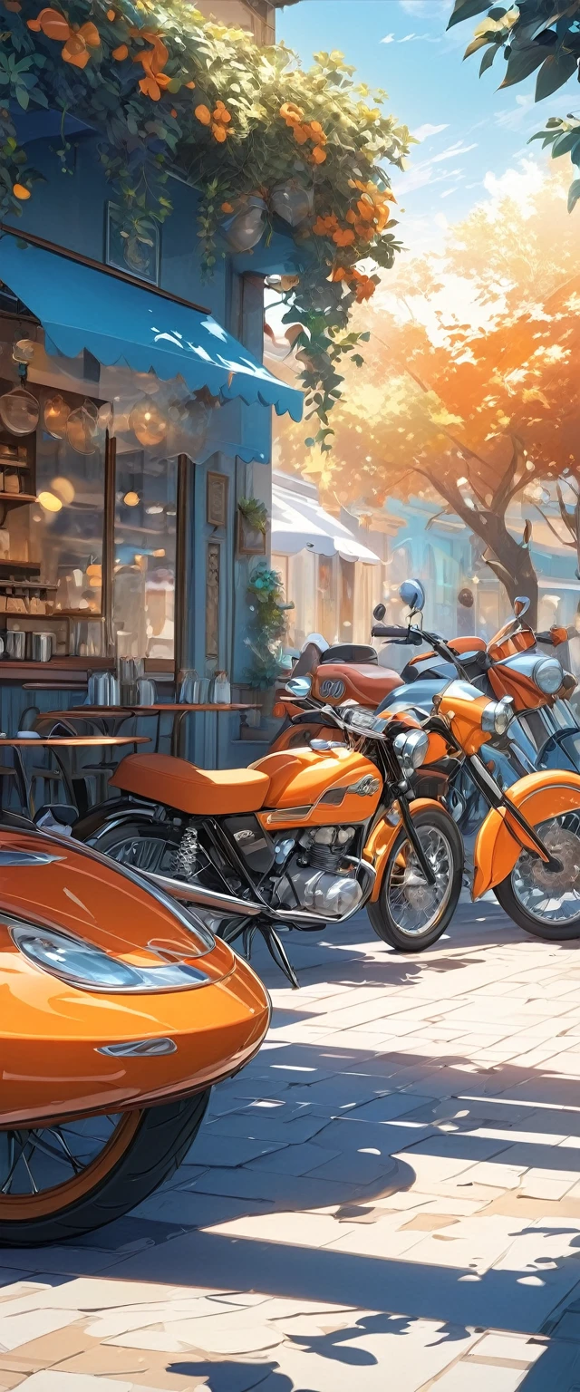 Very eye-catching off-road type handsome orange-colored motorcycle.Stop by the outdoor cafe.Surrounded by the dazzling afternoon sun, shadow and shade textures,The whole scene looks lazy and romantic, Effortlessly elegant aesthetics.。Cafe background.(masterpiece, best quality:1.2),art illustration,Abstract surreal colors,Clear and colorful.