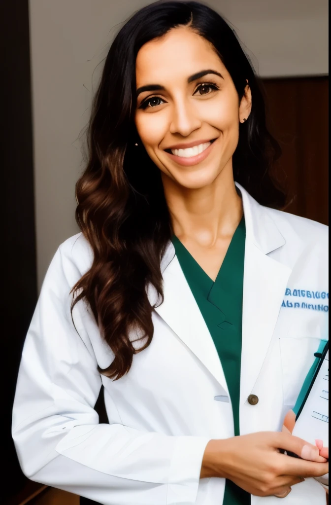 Brazilian vegan nutritionist, in a white coat, with a diary for appointments in one hand, and her arm raising the other hand