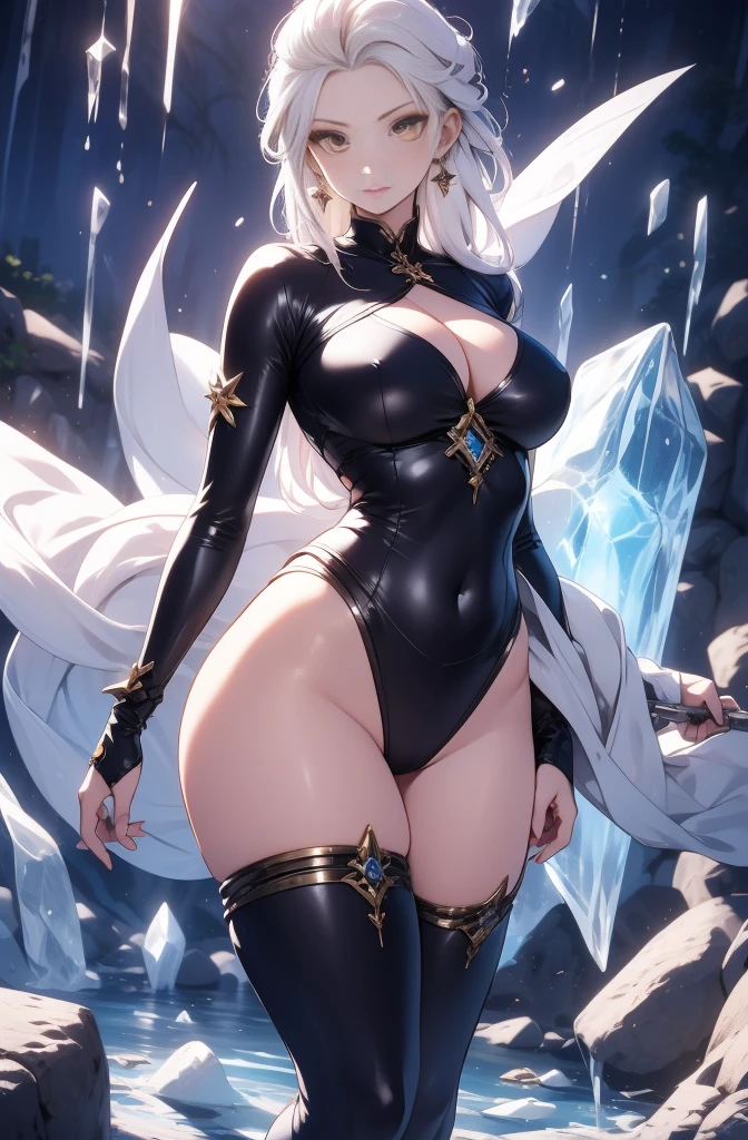 female, solo, young, sexy body, voluptuous figure, tightsuit, white hair, decolored blonde hair, ice effects around, ice queen, beautifull face, long hair, defined body, yellow and bright eyes, thick legs, strong legs, tall, Voluptuous legs, huge ass, big hip, big ass, female sorcerer, blue and black robes,