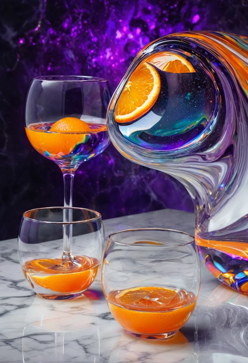 surreal glass shape, liquid glass, chromatic aberration, broken prism, refraction, light caustics, smokey background, detailed illustration , oranges on a white marble table, deep purple velvet drapes, 8k, photography style,2 glasses with orange bioluminescent fluid in them, on a white marble table, bioluminescent, colorfull, glow, at sunset. misty light.