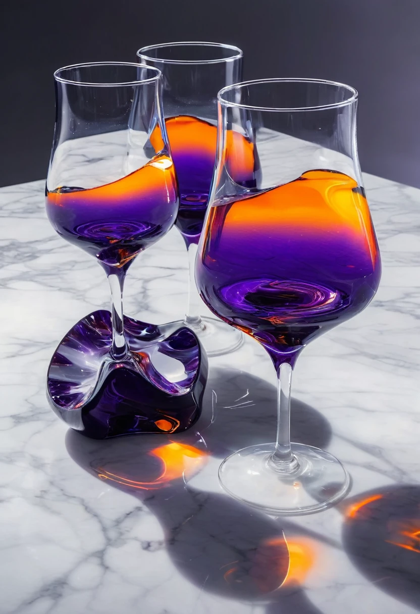 surreal glass shape, liquid glass, chromatic aberration, broken prism, refraction, light caustics, smokey background, detailed illustration , oranges on a white marble table, deep purple velvet drapes, 8k, photography style,2 glasses with orange bioluminescent fluid in them, on a white marble table, bioluminescent, colorfull, glow, at sunset. misty light.