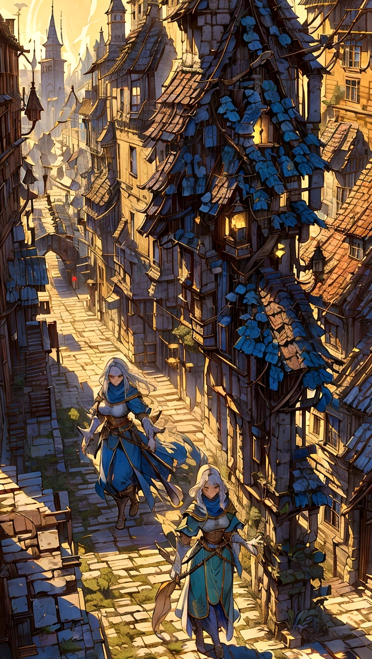 arafed view of a city with a lot of people walking around, a medieval city, immensely detailed scene, many npcs on the streets, medieval city, detailed cinematic shot, karl spitzweg. unreal engine, very detailed cinematic, in a medieval city, inspired by Raphael Lacoste, detailed cinematic render, style of raphael lacoste, medieval town