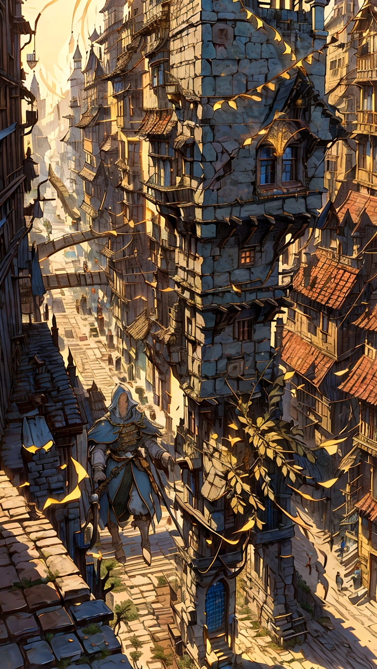 arafed view of a city with a lot of people walking around, a medieval city, immensely detailed scene, many npcs on the streets, medieval city, detailed cinematic shot, karl spitzweg. unreal engine, very detailed cinematic, in a medieval city, inspired by Raphael Lacoste, detailed cinematic render, style of raphael lacoste, medieval town