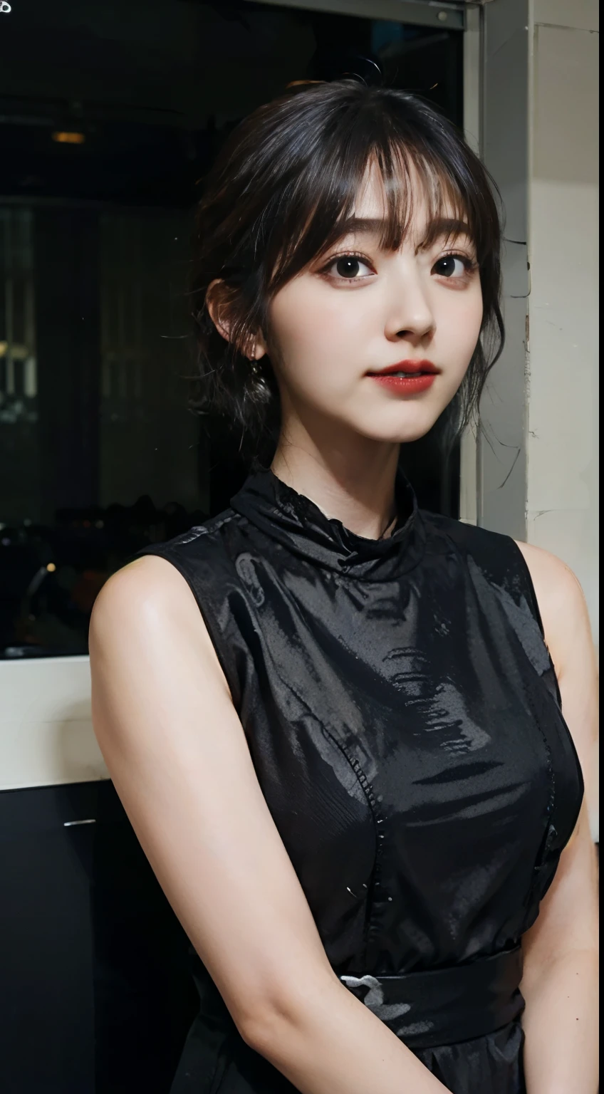 (8K, RAW photos, best quality, masterpiece:1.2), (Practical, photo-Practical:1.37),(Korean Idol), (Egiosar:1),Lovely,Professional lighting, Photon Mapping, Radiosity, Physically Based Rendering, role play, Lucy \(Cyberpunk\),Bob Cut,Mechanical Parts,Gray eyes, Black skinny suit,Cyberpunk city, Black pants,night,Neon,Sexy,smokes, Looking at the audience,, 8K high resolution, 8K, Wallpaper HD full screen, Practical, Clear background, Medium breasts, whole body