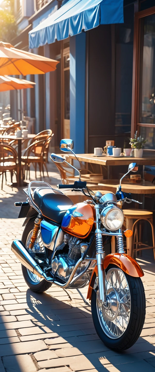 Very eye-catching off-road type handsome orange, silver and blue motorcycle.Stop by the outdoor cafe.Surrounded by the dazzling afternoon sun, shadow and shade textures,The whole scene looks lazy and romantic, Effortlessly elegant aesthetics.。Cafe background.(masterpiece, best quality:1.2),art illustration,Abstract surreal colors,Clear and colorful.
