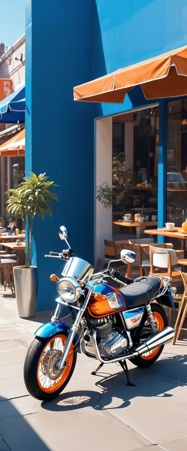Very eye-catching off-road type handsome orange, silver and blue motorcycle.Stop by the outdoor cafe.Surrounded by the dazzling afternoon sun, shadow and shade textures，The whole scene looks lazy and romantic, Effortlessly elegant aesthetics.。Cafe background.(masterpiece, best quality:1.2),art illustration，Abstract surreal colors,Clear and colorful.