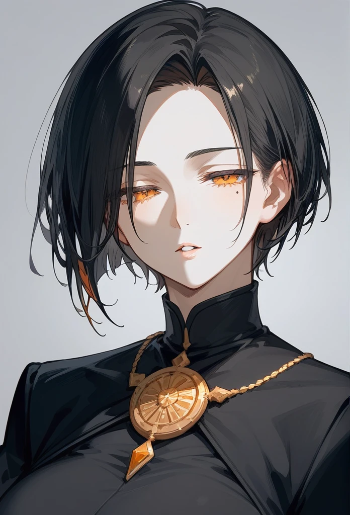 
masterpiece, Score_9, Score_8_up, Score_7_up, rear view, 1 woman, alone, dark black hair, very short hair, long parted bangs, gold and orange eyes, half-closed eyes, parted lips, expressionless, pale skin, large breasts, top body,
 long open bangs, with a mole under the mouth, cut style (boy), No bangs.