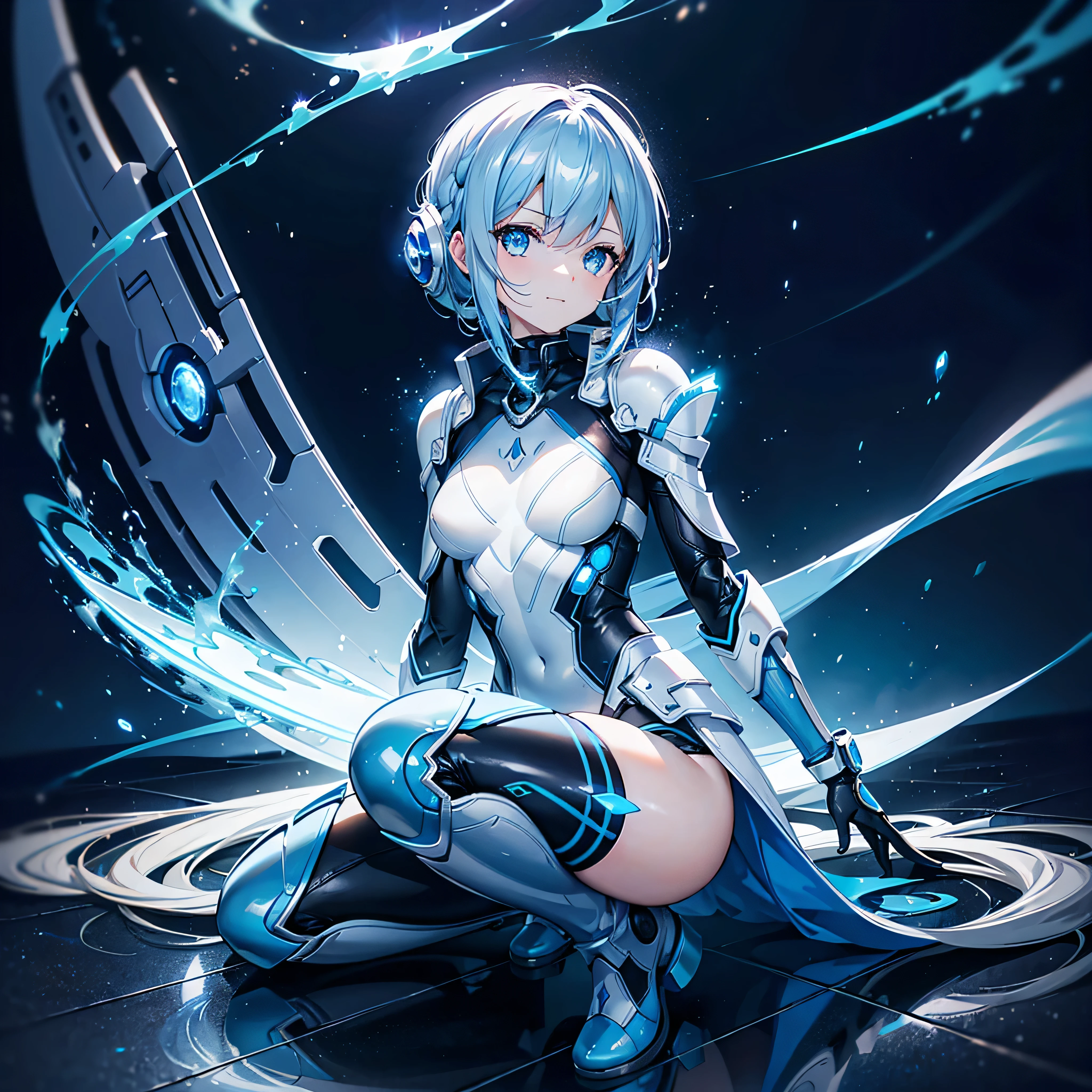 8K, Highest quality, (real:1.4), Original photo, 1 girl, Asari Hair, Biological Amplifier, Very sleek and futuristic armor, posture: Peace talks between warring factions,,attention arousal, smart blue eyes,A modest smile,Knee-high boots,Patent-look blue tights,Blue big moon and blue light swirl in the background,Blue light from behind,blue light magic,A small, glowing blue ball in the palm of your hand,Blue flame swirl,Blue Comet,Polished floor,