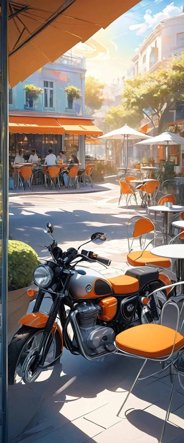 Very eye-catching off-road type handsome orange, silver and black motorcycle.Stop by the outdoor cafe.Surrounded by the dazzling afternoon sun, shadow and shade textures,The whole scene looks lazy and romantic, Effortlessly elegant aesthetics.。Cafe background.(masterpiece, best quality:1.2),art illustration,Abstract surreal colors,Clear and colorful.