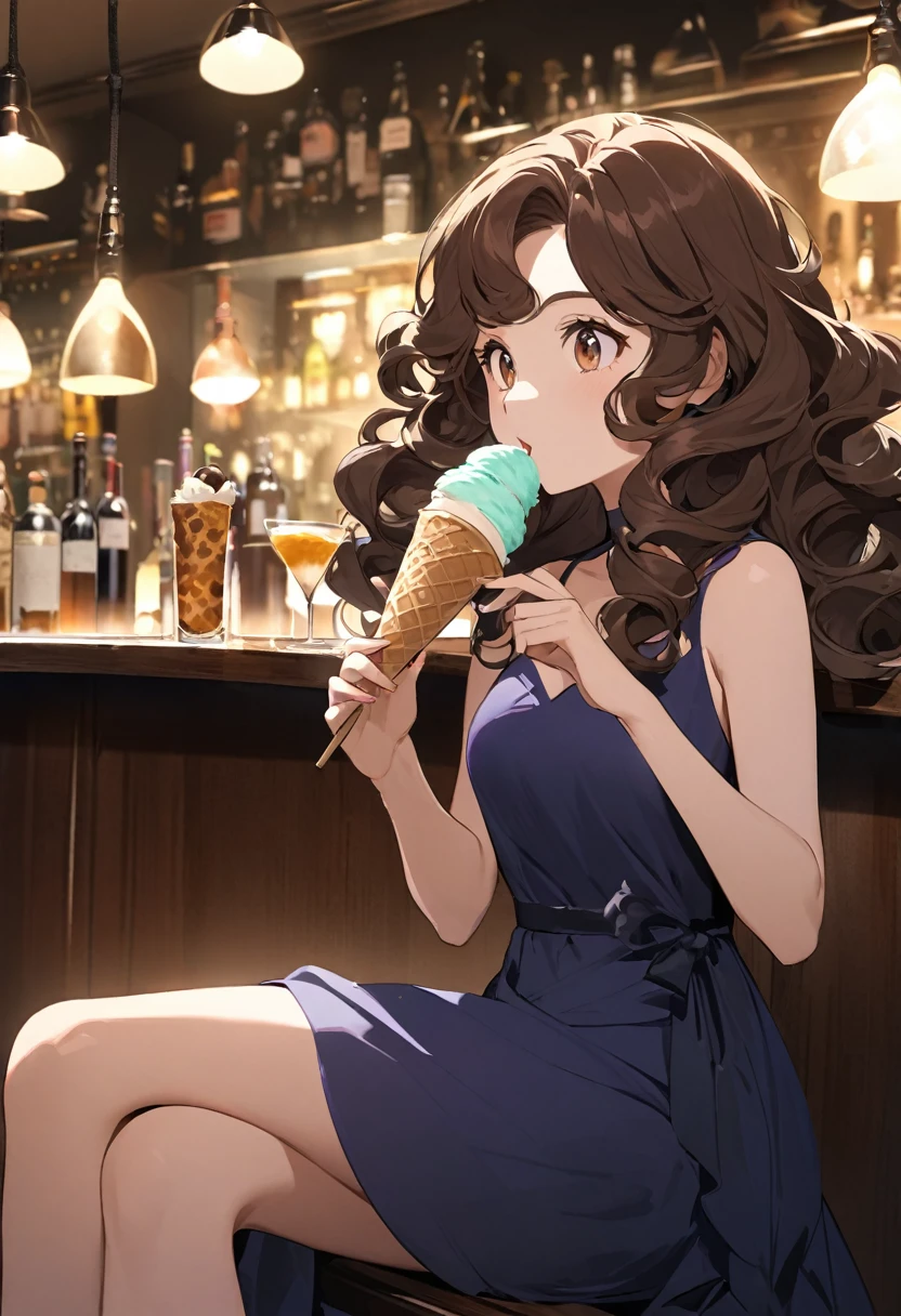 Italian girl with long curly brown hair, elegant dress sitting at a bar eating an ice cream, angular face