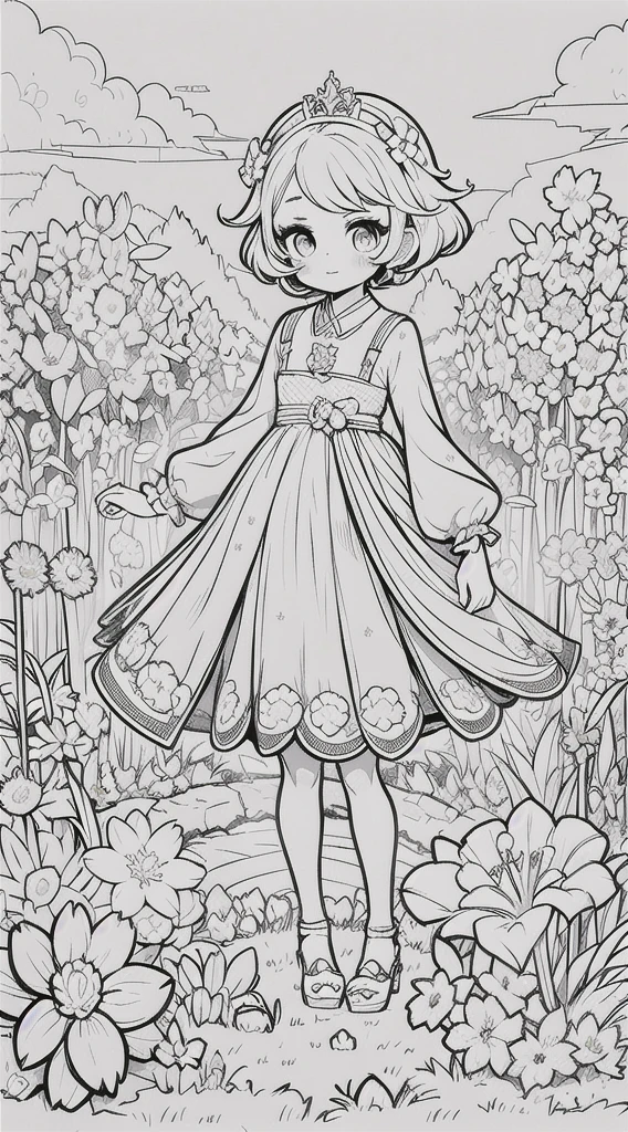  Girl with cat in your arms, kawaii princess, cat kawaii, girl standing, (Flower garden), short hair, full body, in the center of the camera, line art, black and white art .